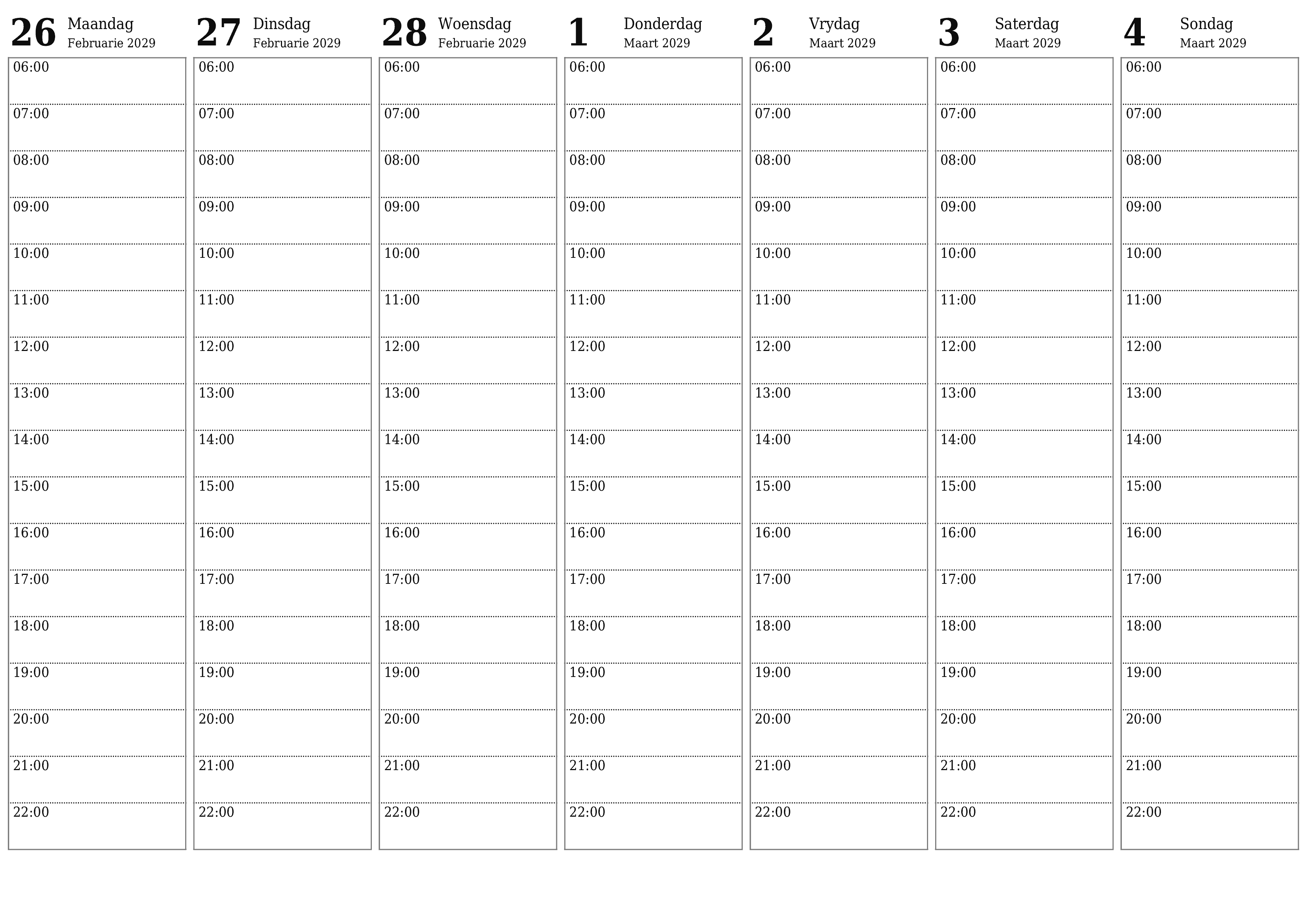 Leë weeklikse drukbare kalender en beplanner vir week Maart 2029 met notas, stoor en druk na PDF PNG Afrikaans