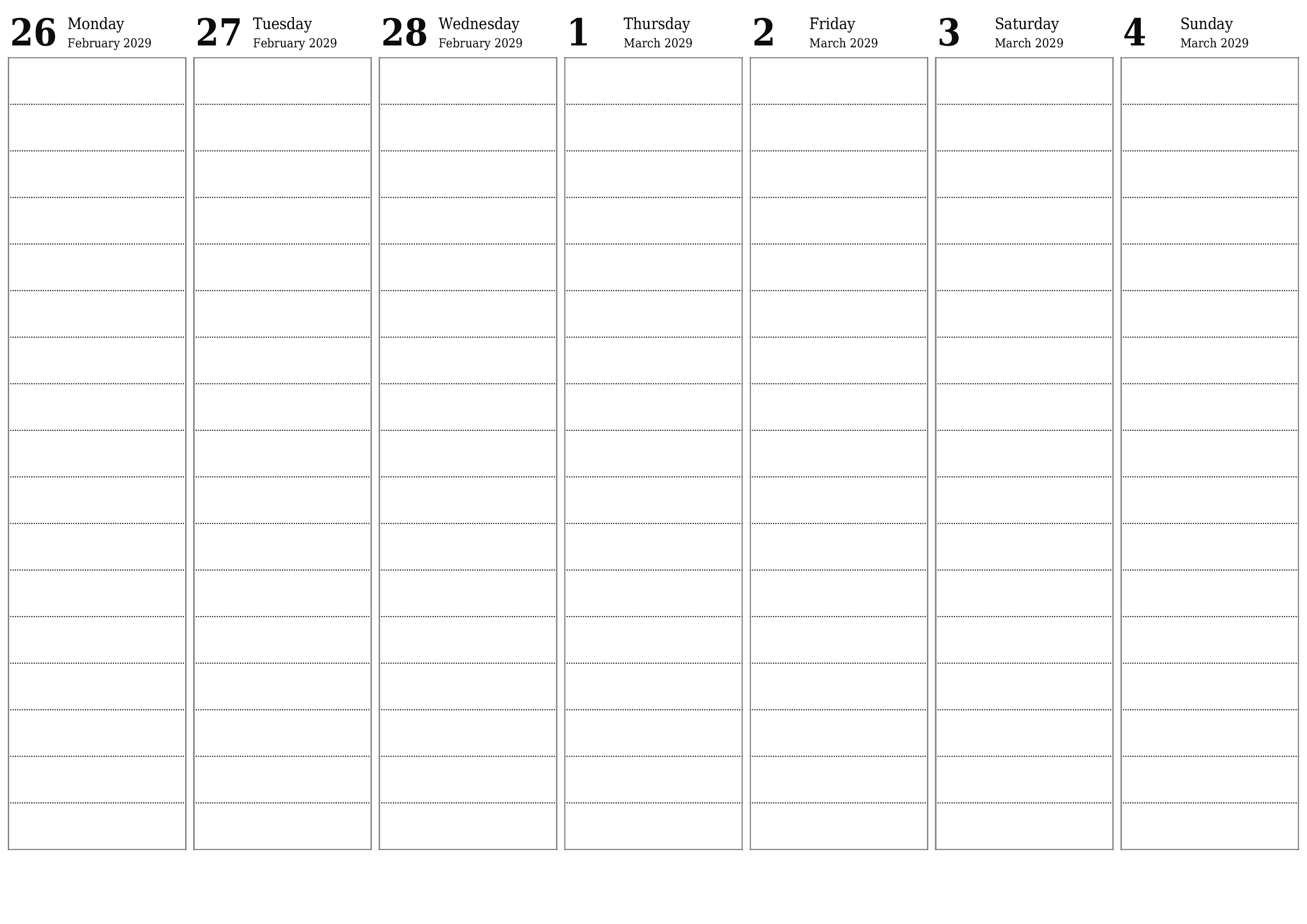 Blank calendar March 2029