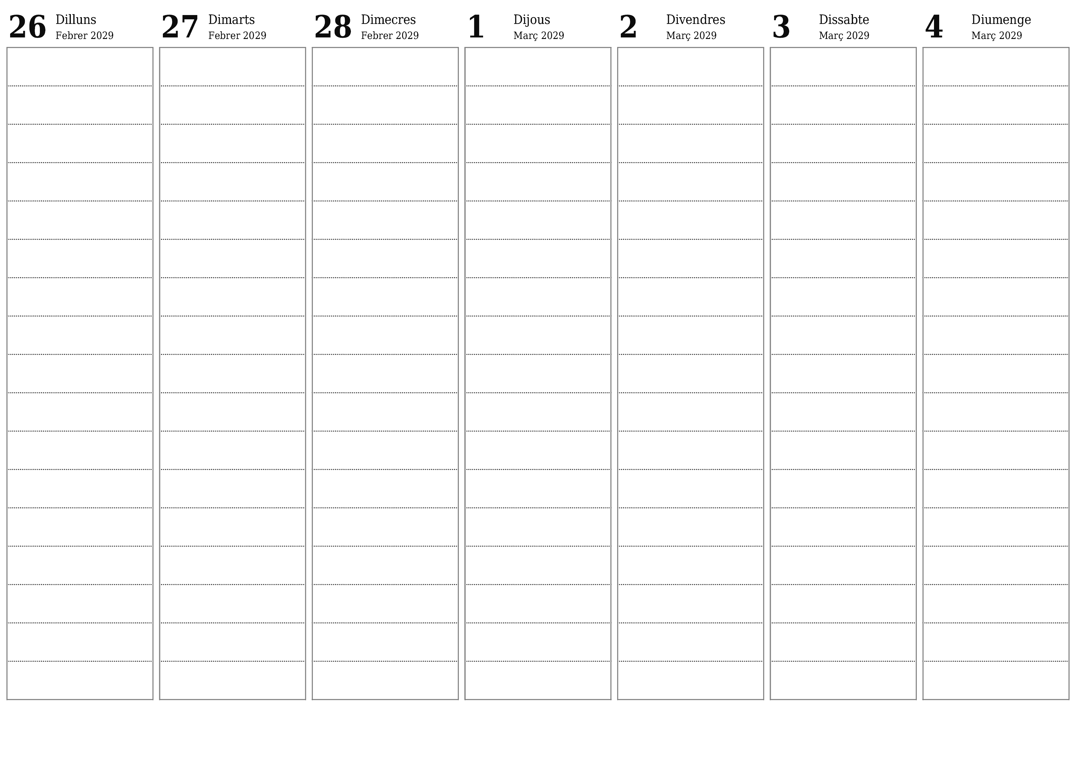 Planificador setmanal buit durant setmanes Març 2029 amb notes, deseu-lo i imprimiu-lo en format PDF PNG Catalan