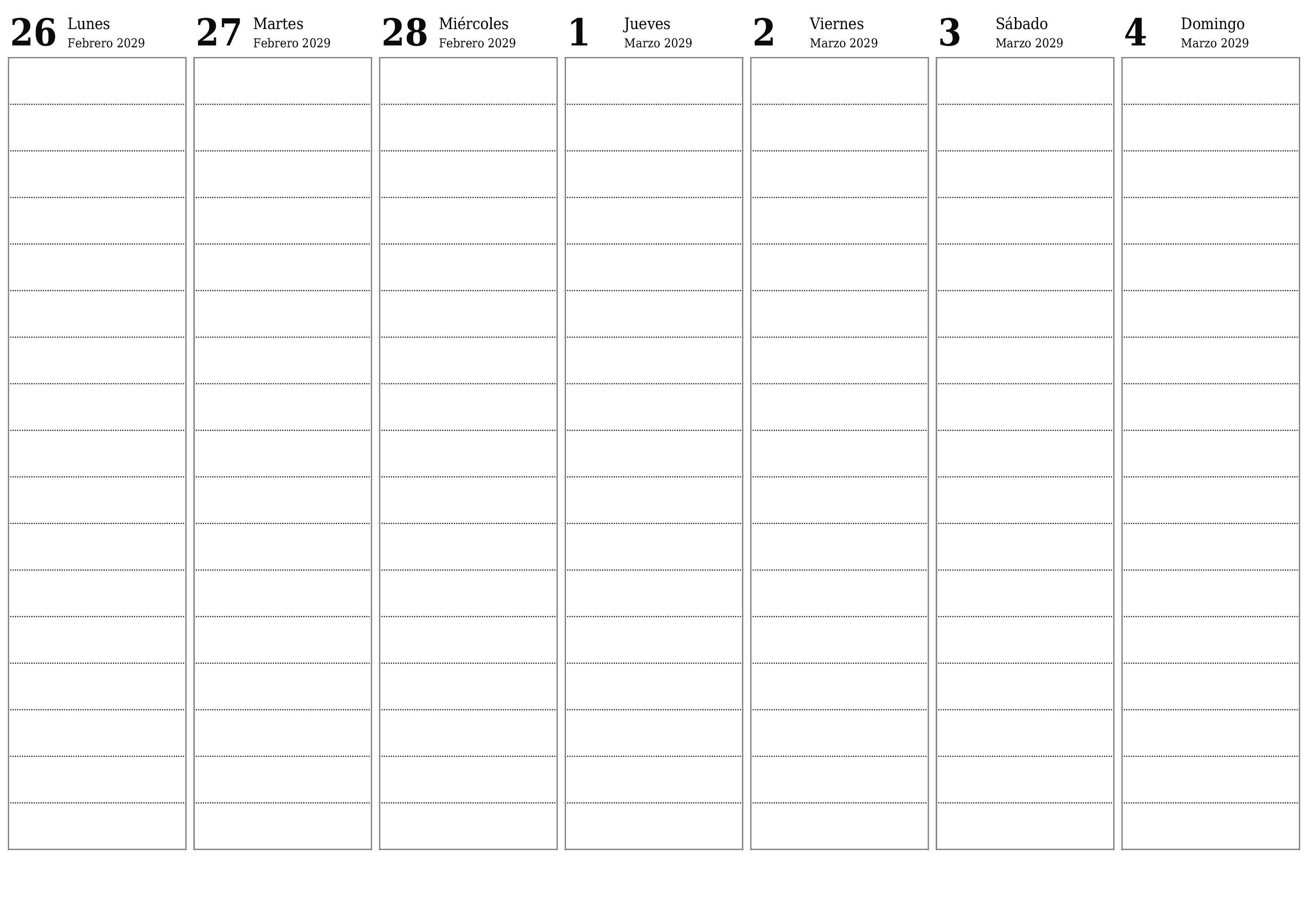 Planificador semanal vacío para semanas Marzo 2029 con notas, guardar e imprimir en PDF PNG Spanish