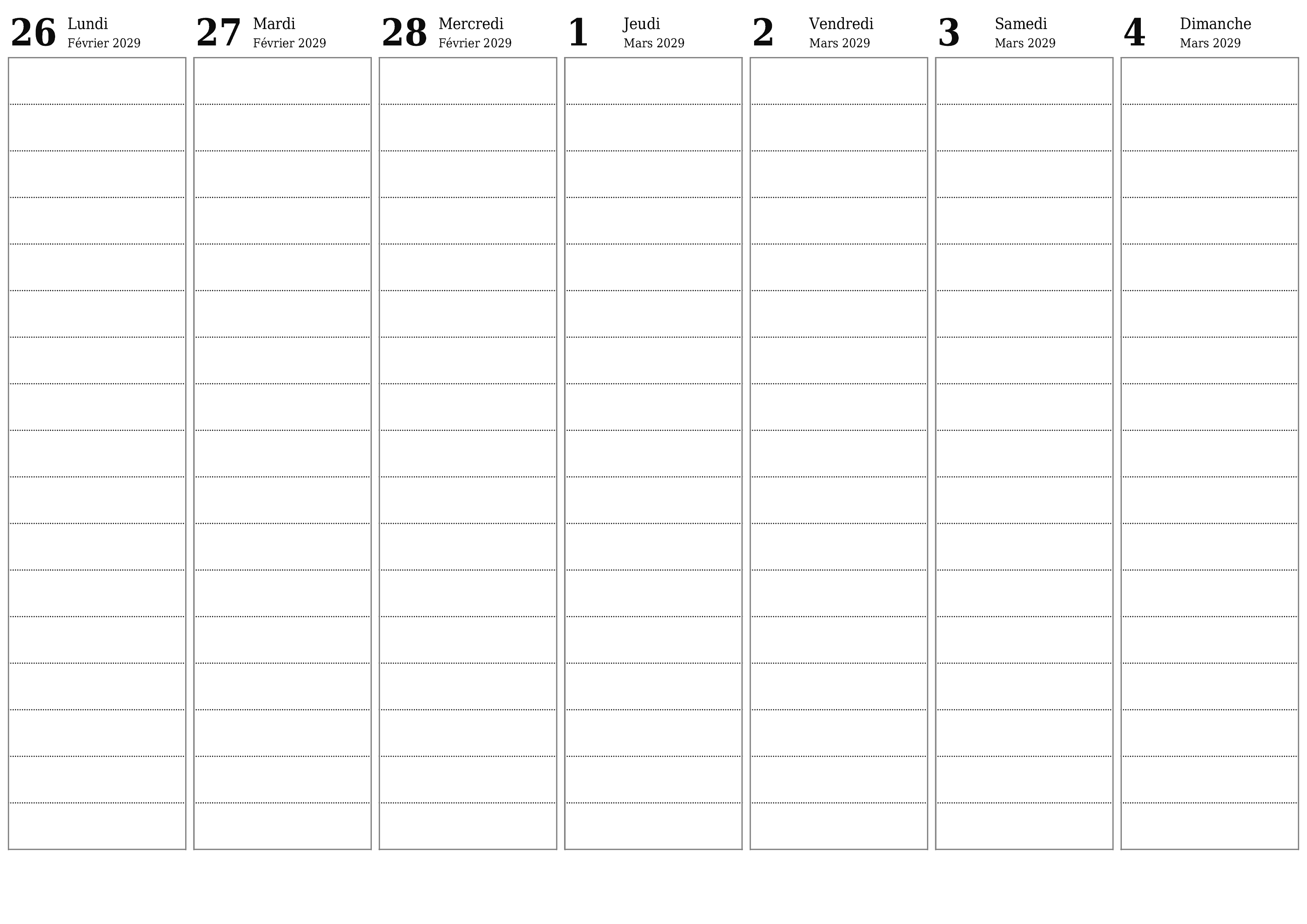 Agenda hebdomadaire vide pendant des semaines Mars 2029 avec notes, enregistrez et imprimez au format PDF PNG French