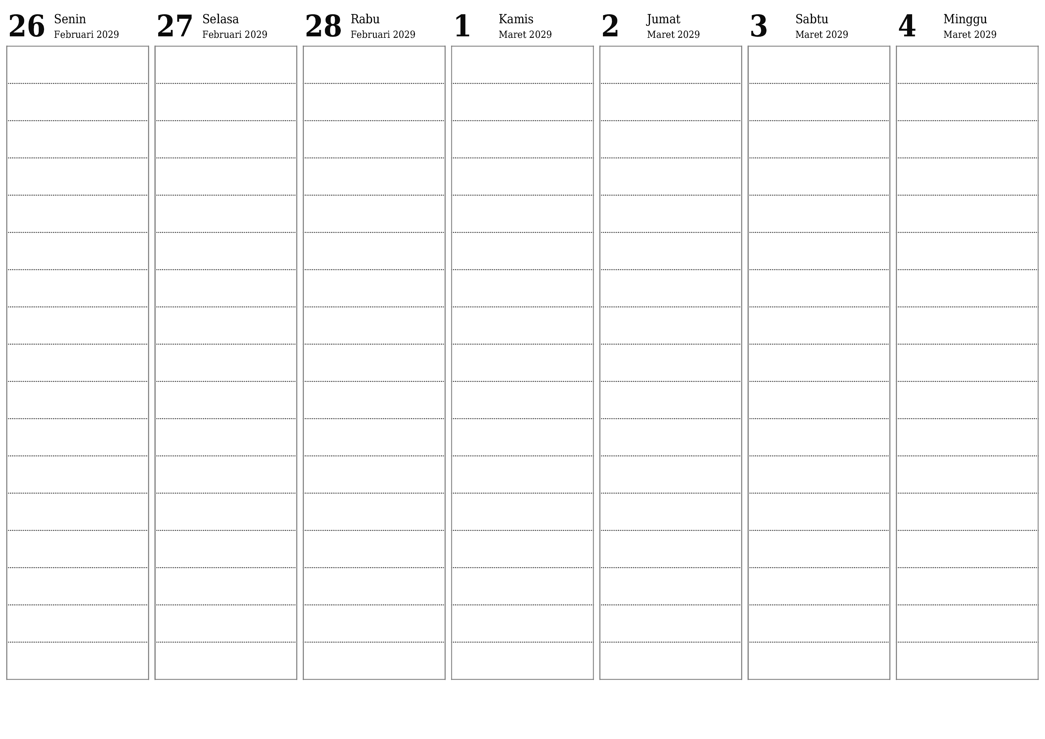  yang dapat dicetak dinding templat gratishorisontal Mingguan perencana kalender Maret (Mar) 2029