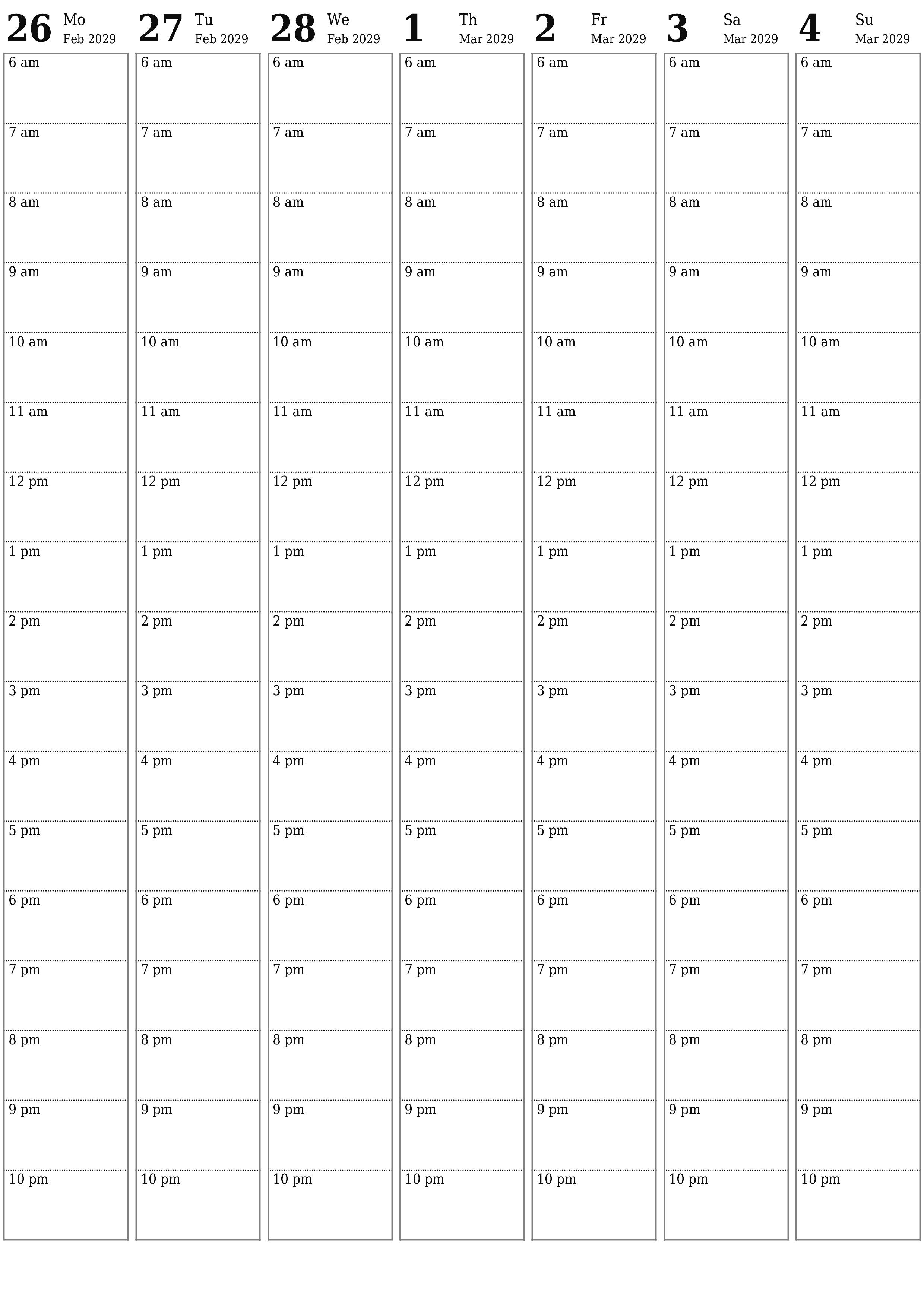 Blank calendar March 2029