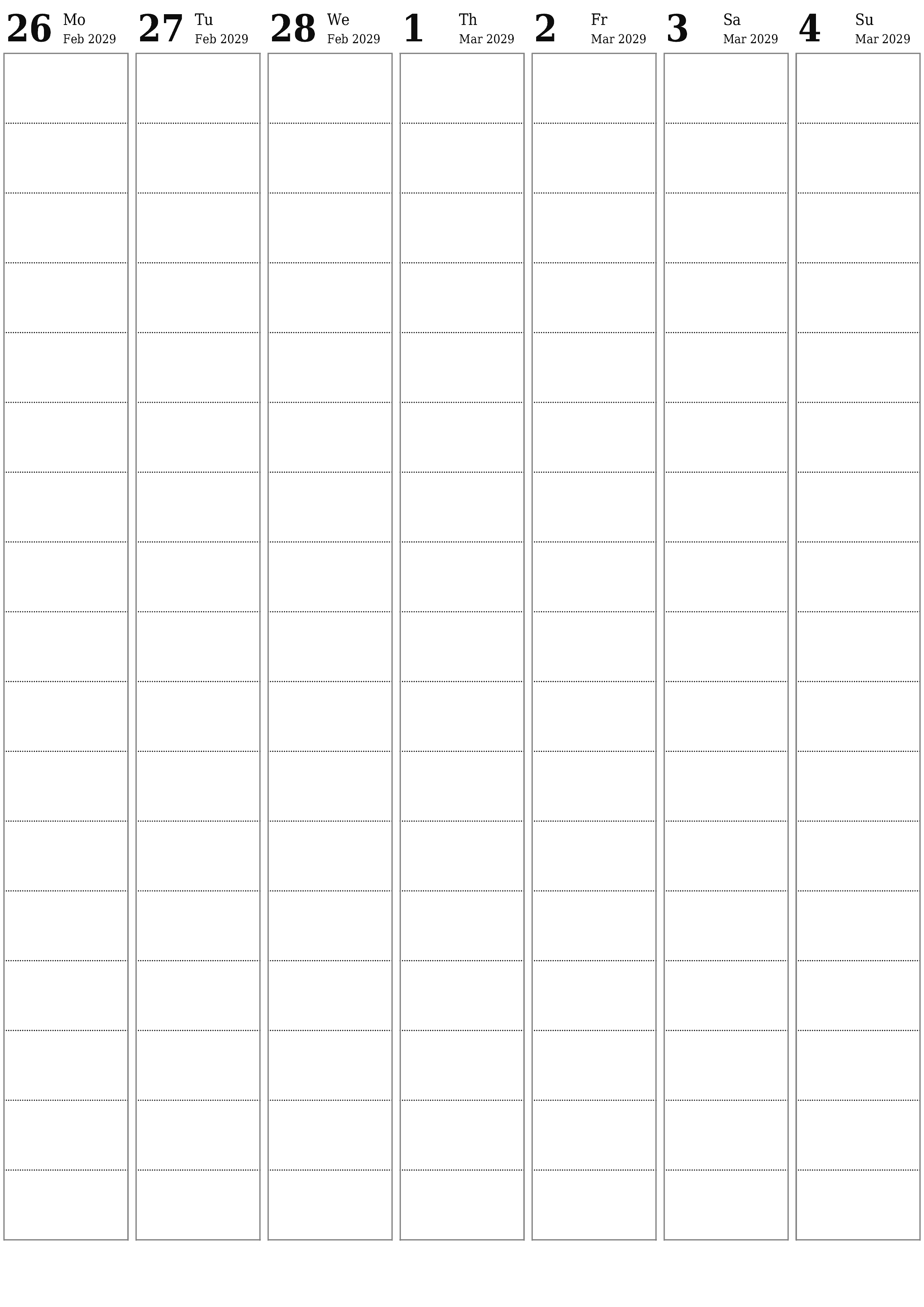 Blank calendar March 2029