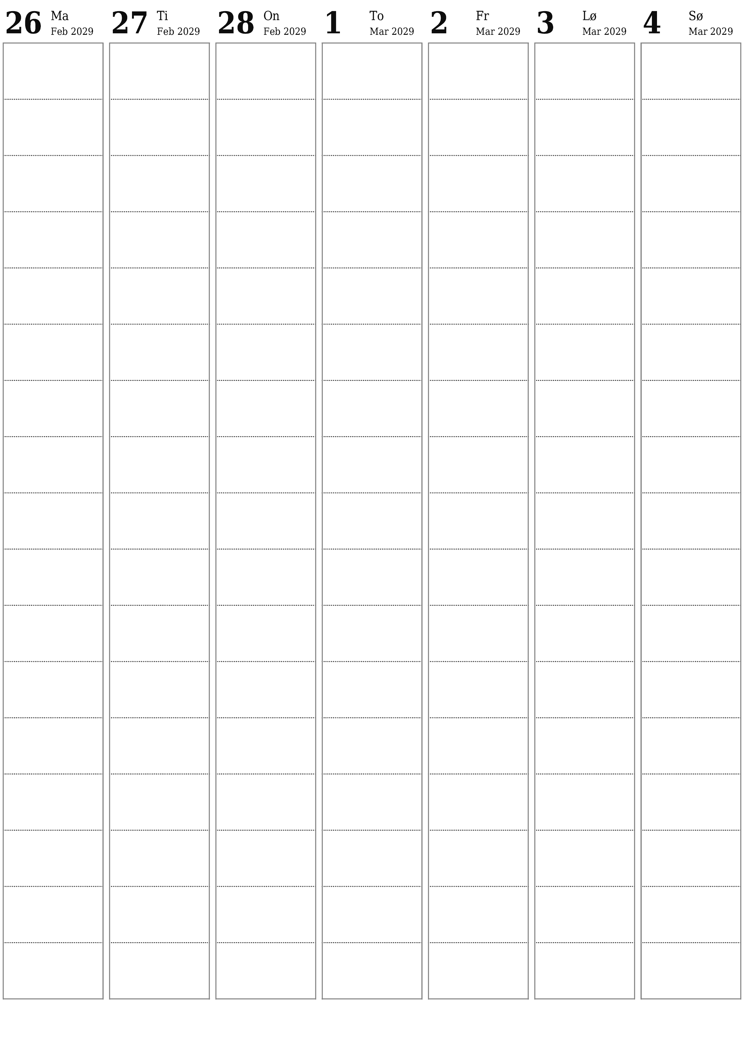 utskrivbar vegg mal gratis vertikal Ukentlig planlegger kalender Mars (Mar) 2029