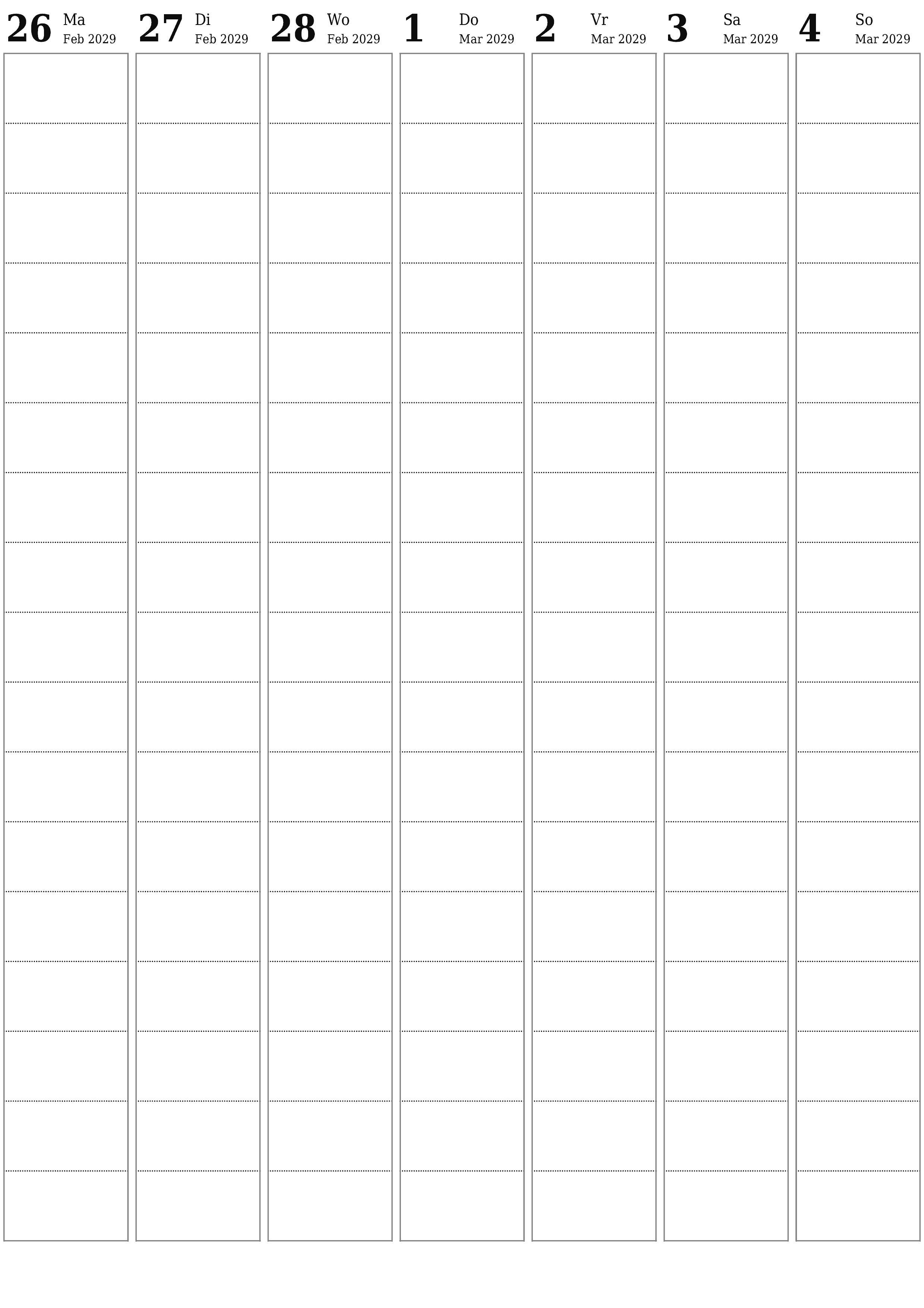 drukbare muur template gratis vertikaal Weekliks beplanner kalender Maart (Mar) 2029