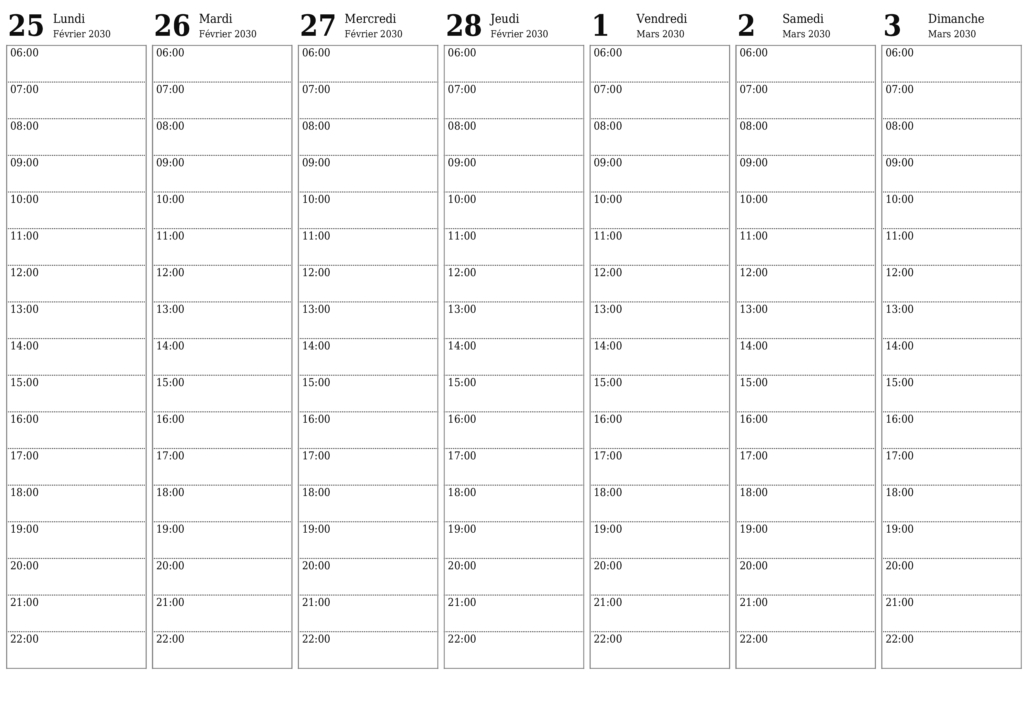 Agenda hebdomadaire vide pendant des semaines Mars 2030 avec notes, enregistrez et imprimez au format PDF PNG French