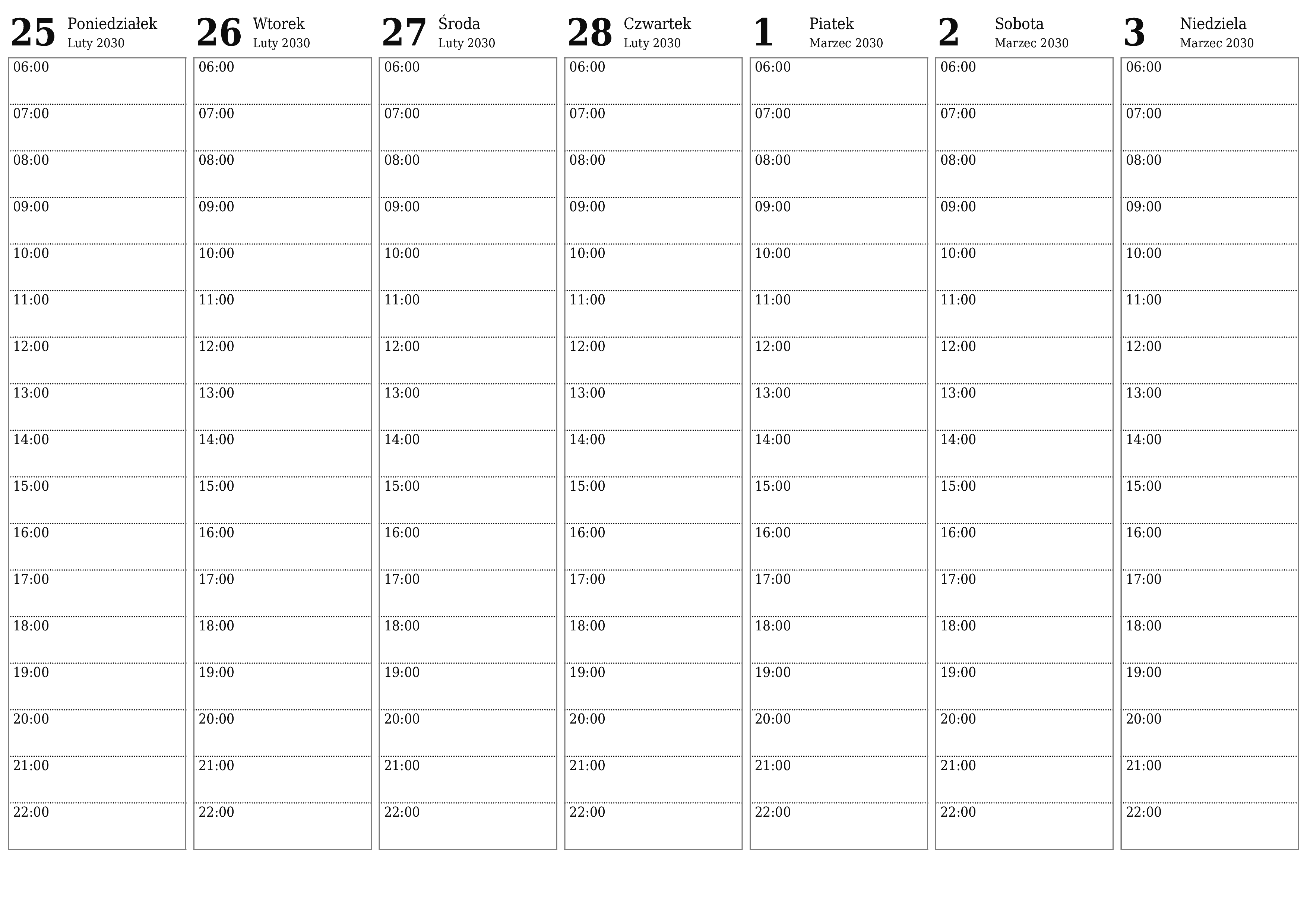 Opróżnij tygodniowy planer na tygodnie Marzec 2030 z notatkami, zapisz i wydrukuj w formacie PDF PNG Polish