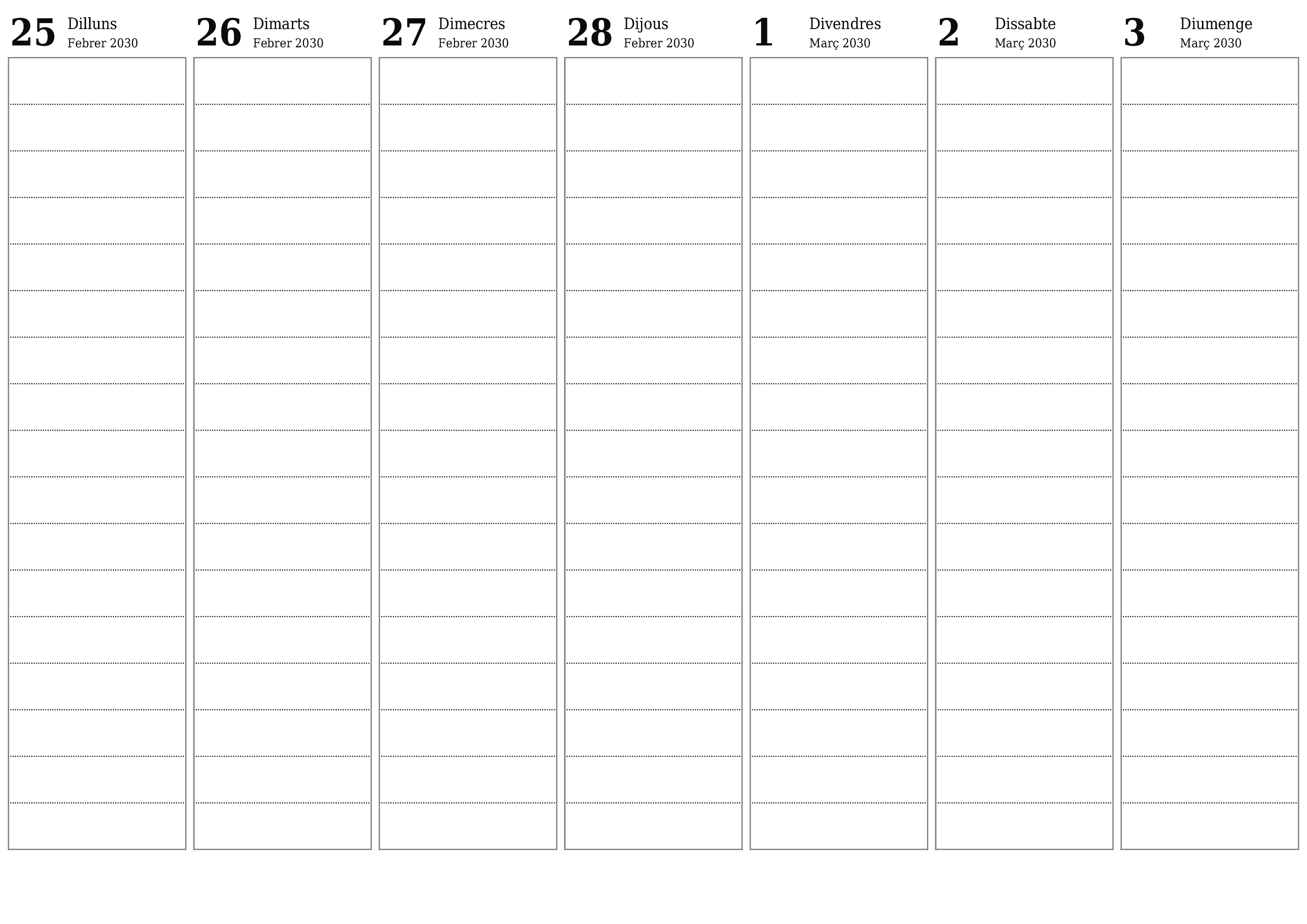 Planificador setmanal buit durant setmanes Març 2030 amb notes, deseu-lo i imprimiu-lo en format PDF PNG Catalan