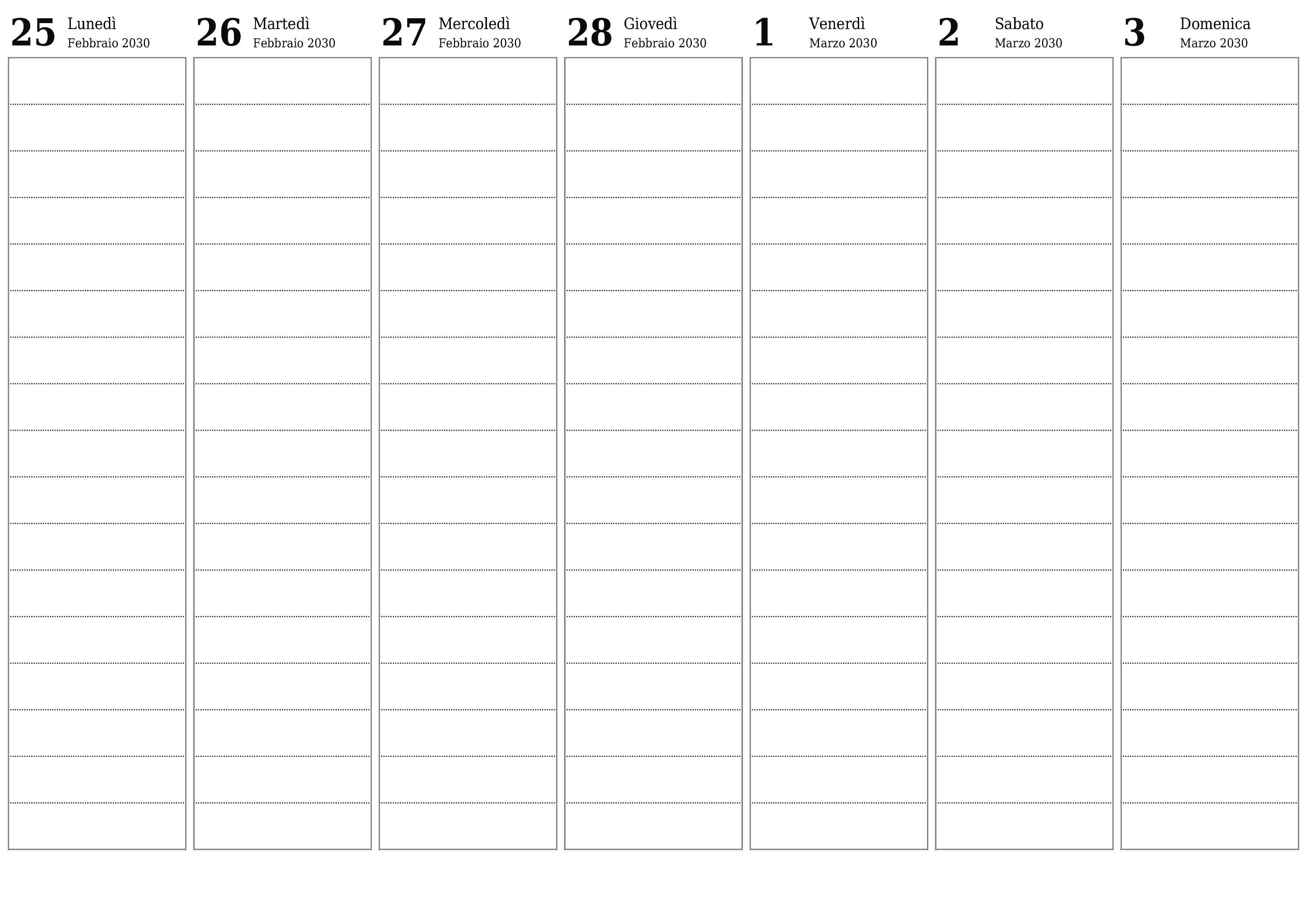 Agenda settimanale vuota per settimane Marzo 2030 con note, salva e stampa in PDF PNG Italian