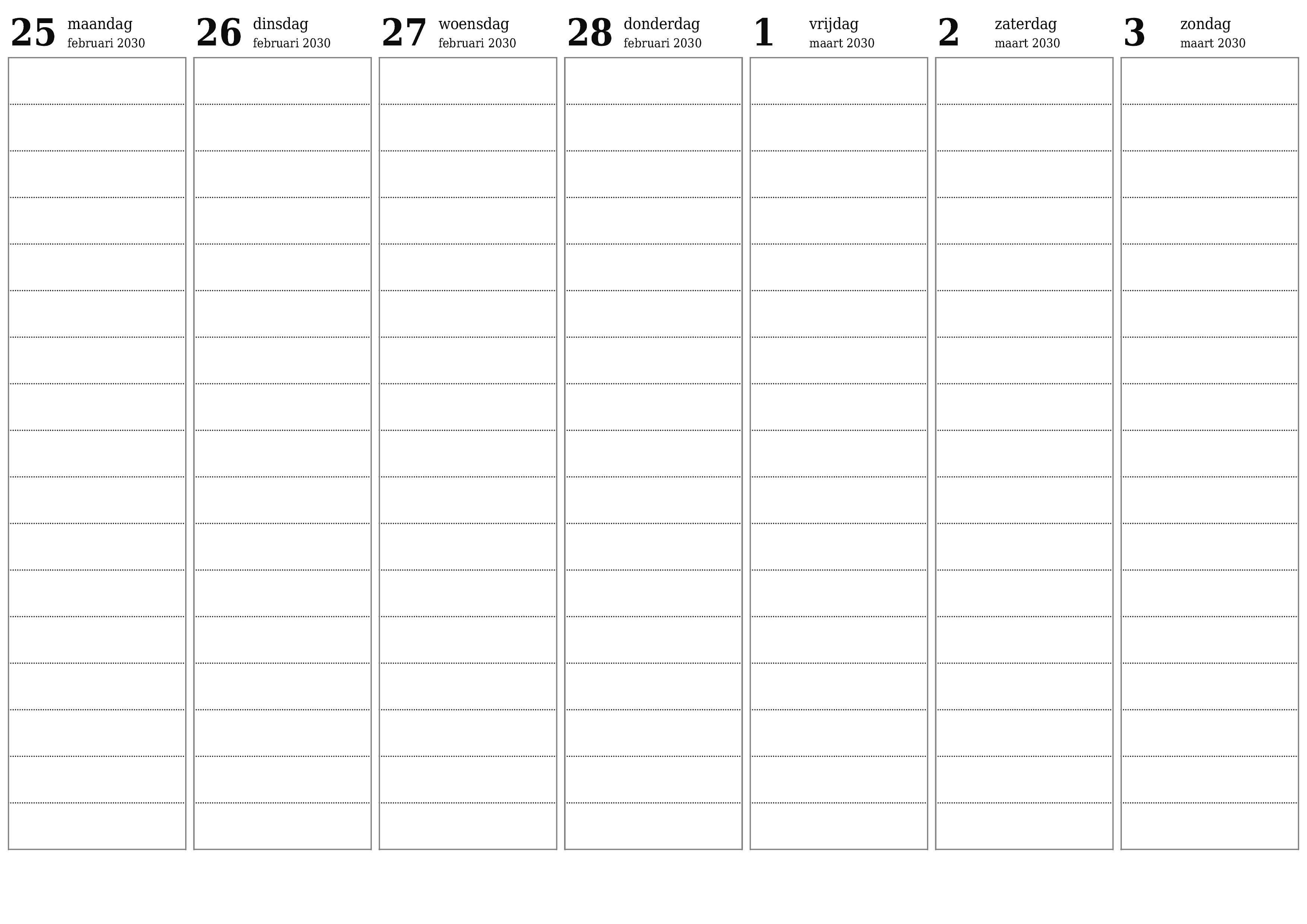 Lege weekplanner voor weken maart 2030 met notities, opslaan en afdrukken naar pdf PNG Dutch