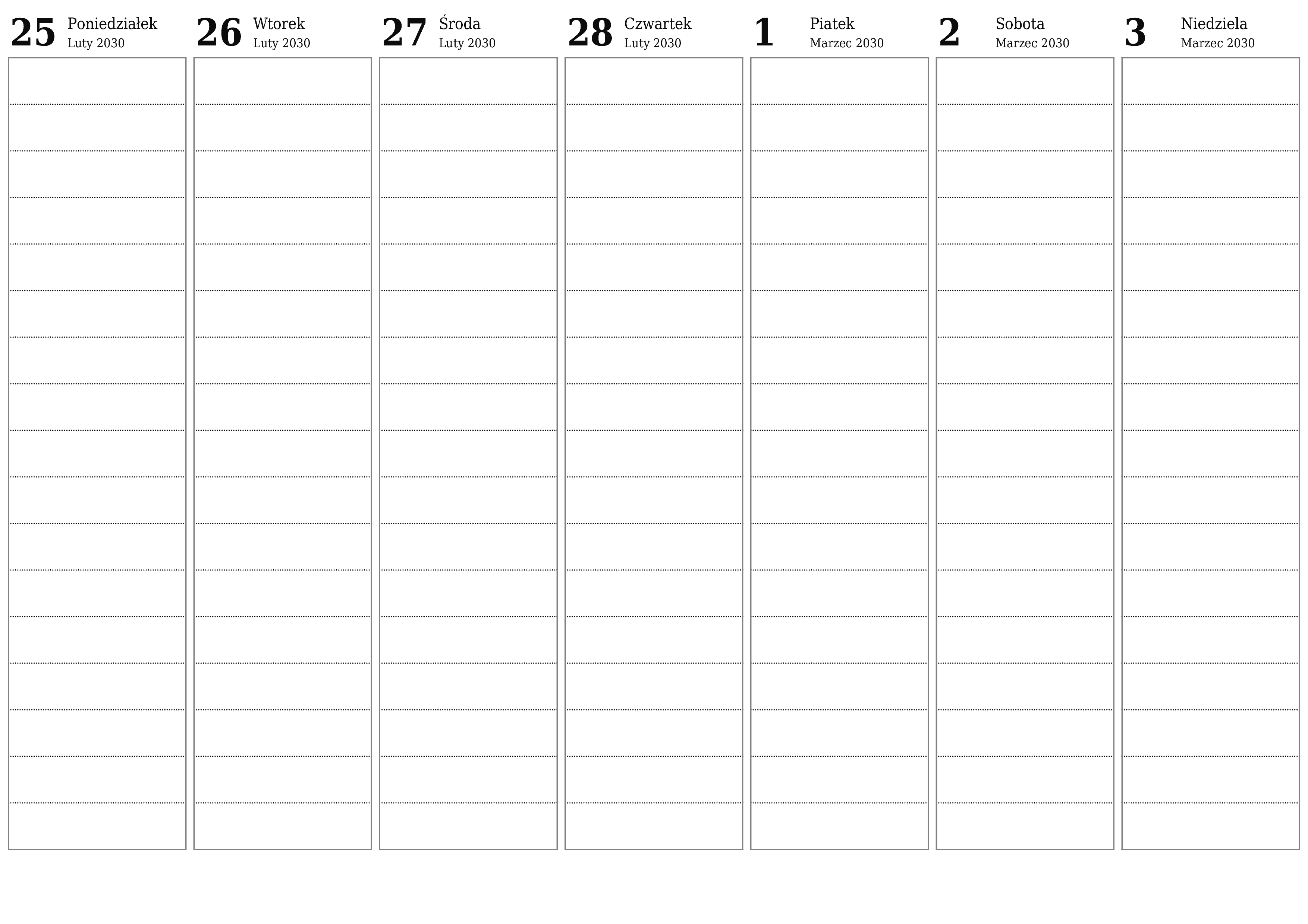 Opróżnij tygodniowy planer na tygodnie Marzec 2030 z notatkami, zapisz i wydrukuj w formacie PDF PNG Polish