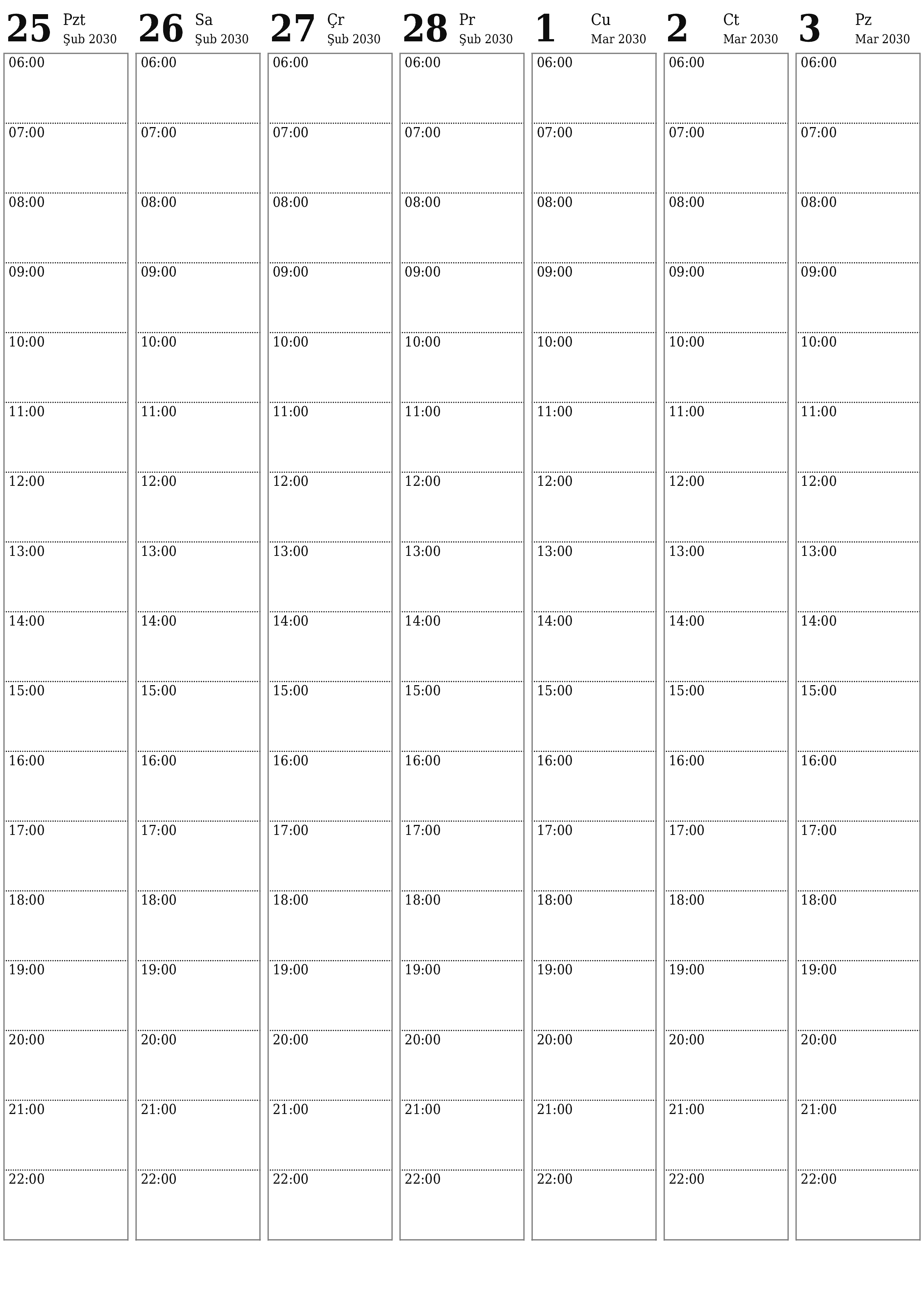 Haftalar için notlarla boş haftalık planlayıcı Mart 2030, kaydedin ve PDF'ye yazdırın PNG Turkish