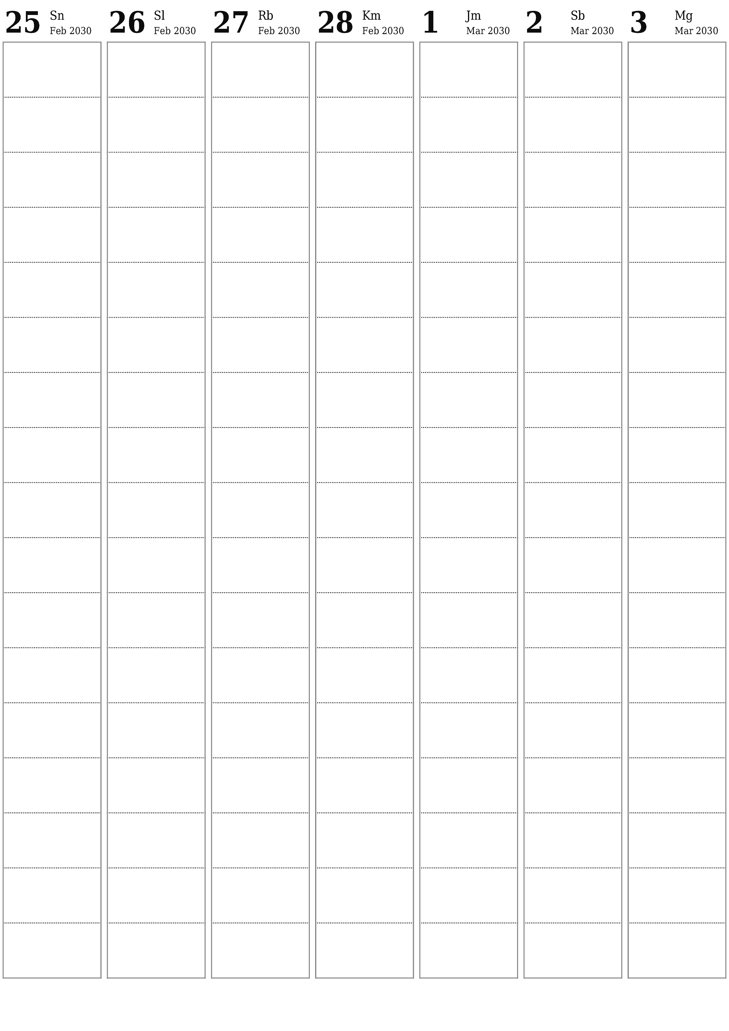 yang dapat dicetak dinding templat gratisvertikal Mingguan perencana kalender Maret (Mar) 2030