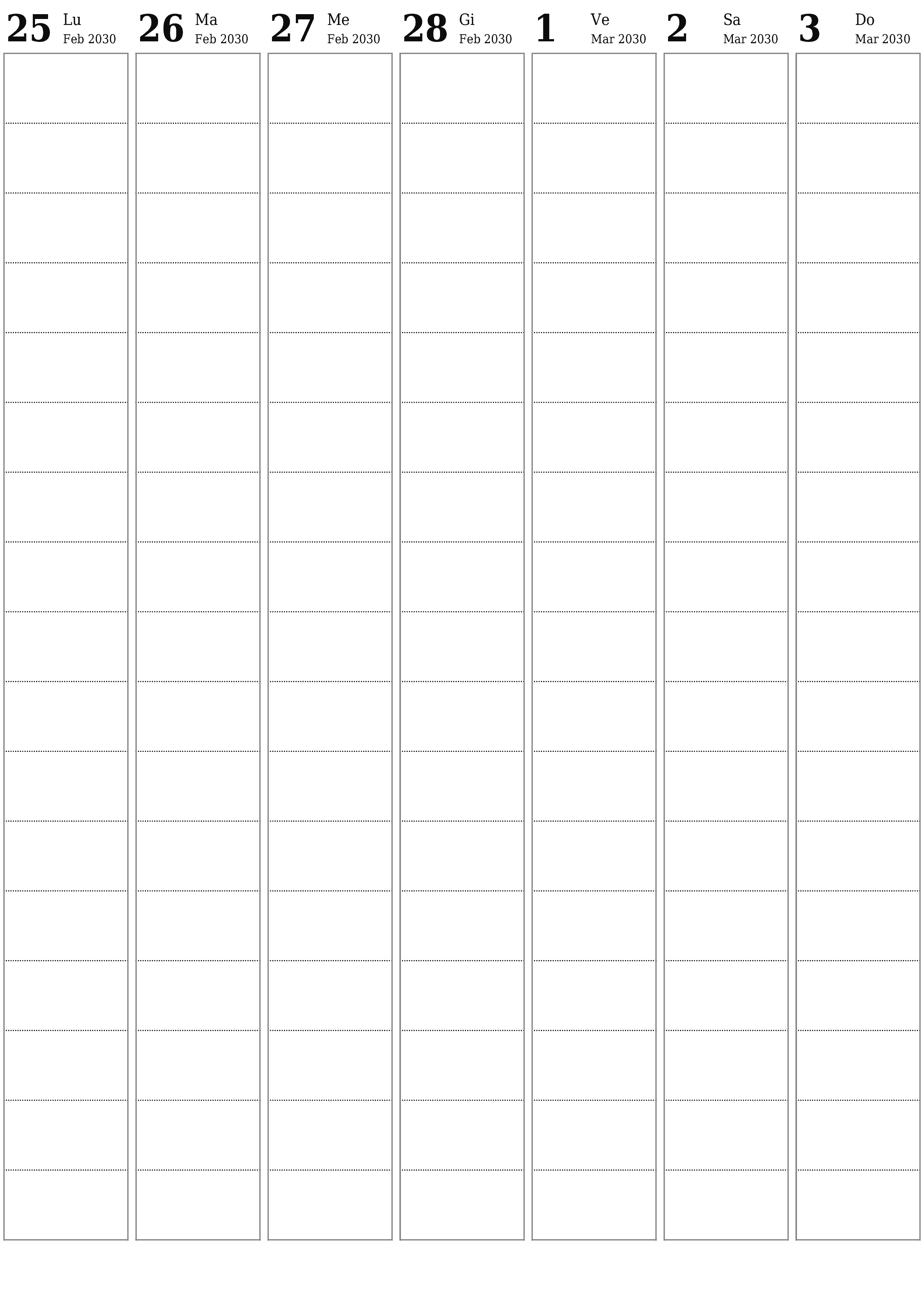  stampabile da parete modello di gratuitoverticale Settimanale pianificatore calendario Marzo (Mar) 2030