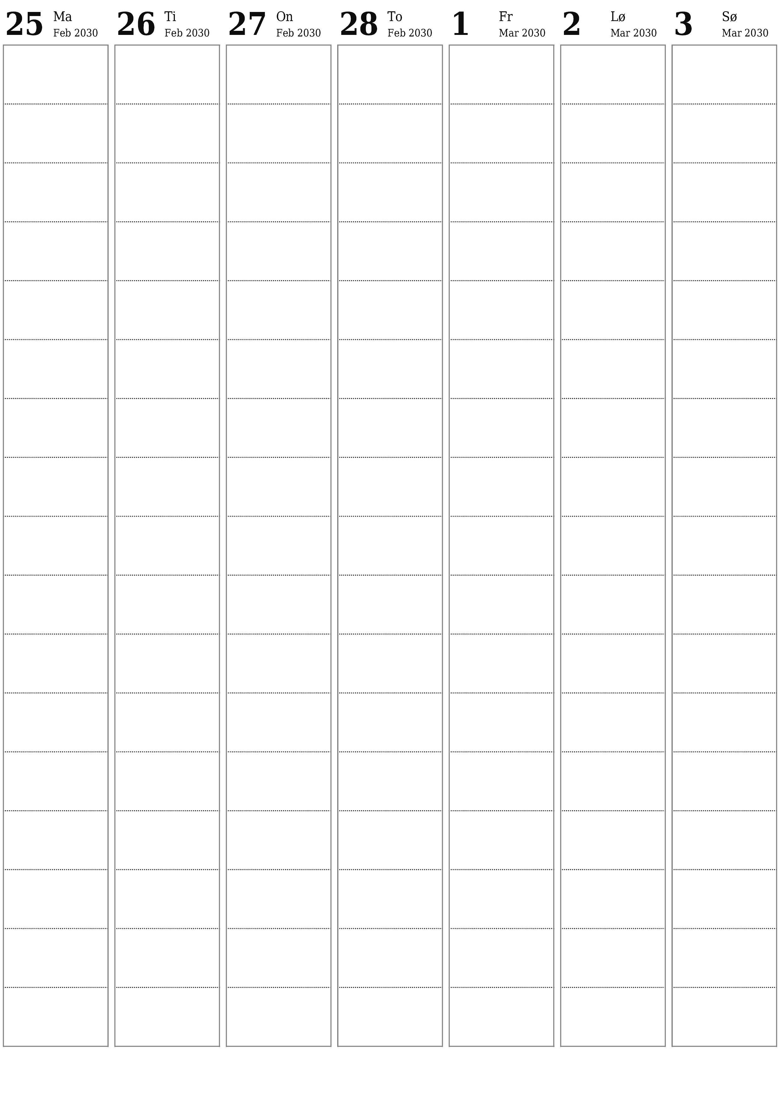 utskrivbar vegg mal gratis vertikal Ukentlig planlegger kalender Mars (Mar) 2030