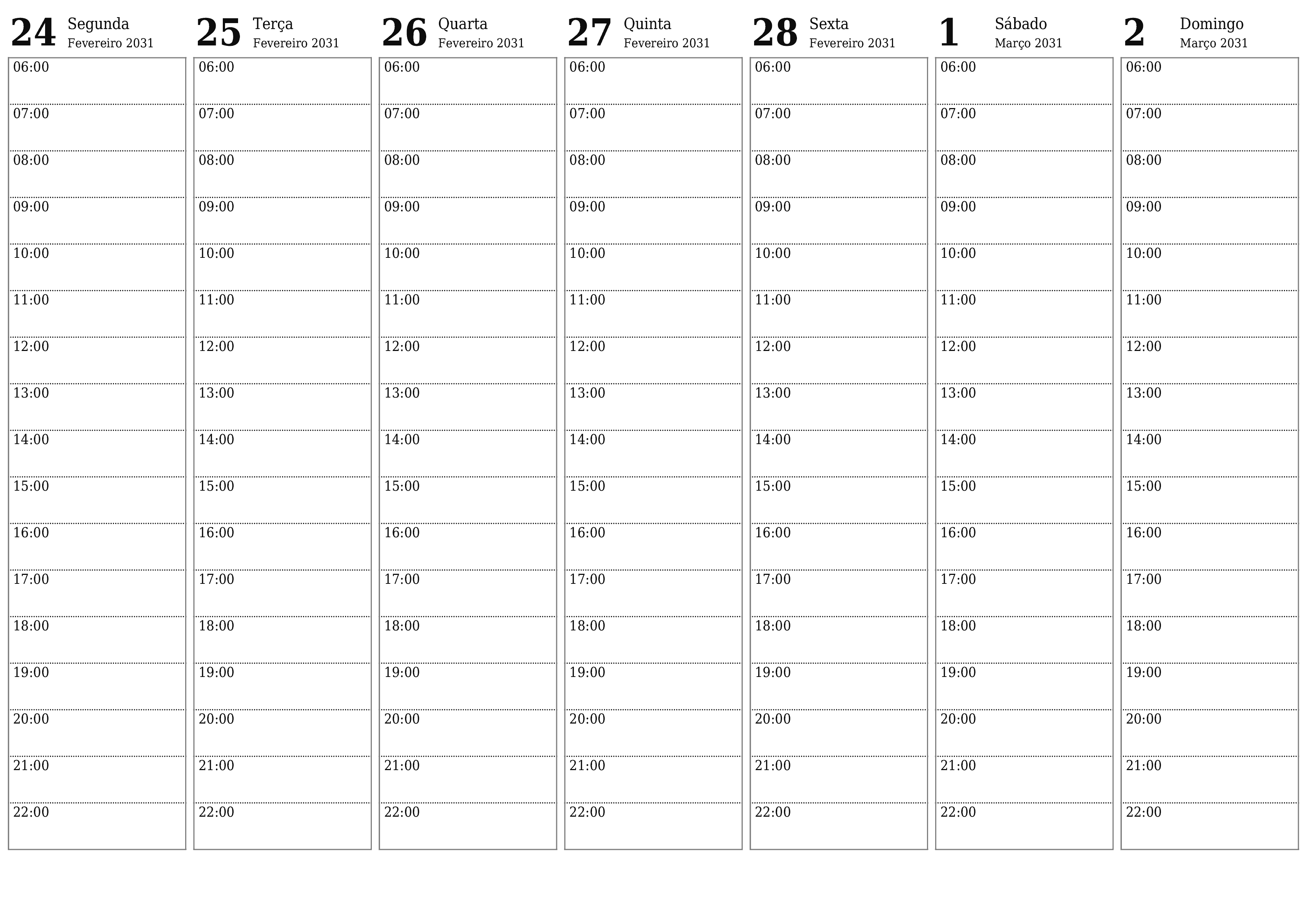 Esvazie o planejador semanal por semanas Março 2031 com notas, salve e imprima em PDF PNG Portuguese