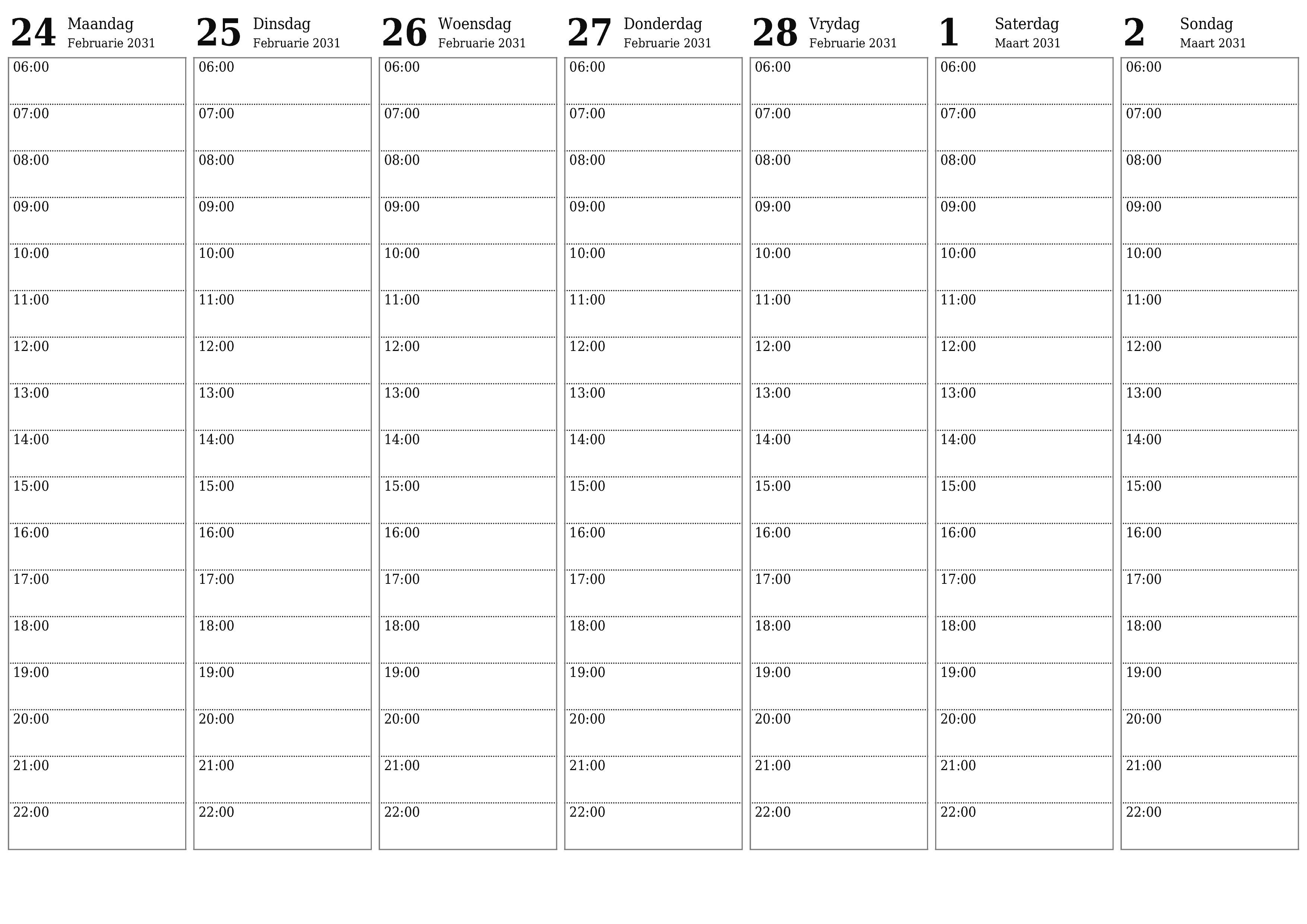 drukbare muur template gratis horisontaal Weekliks beplanner kalender Maart (Mar) 2031