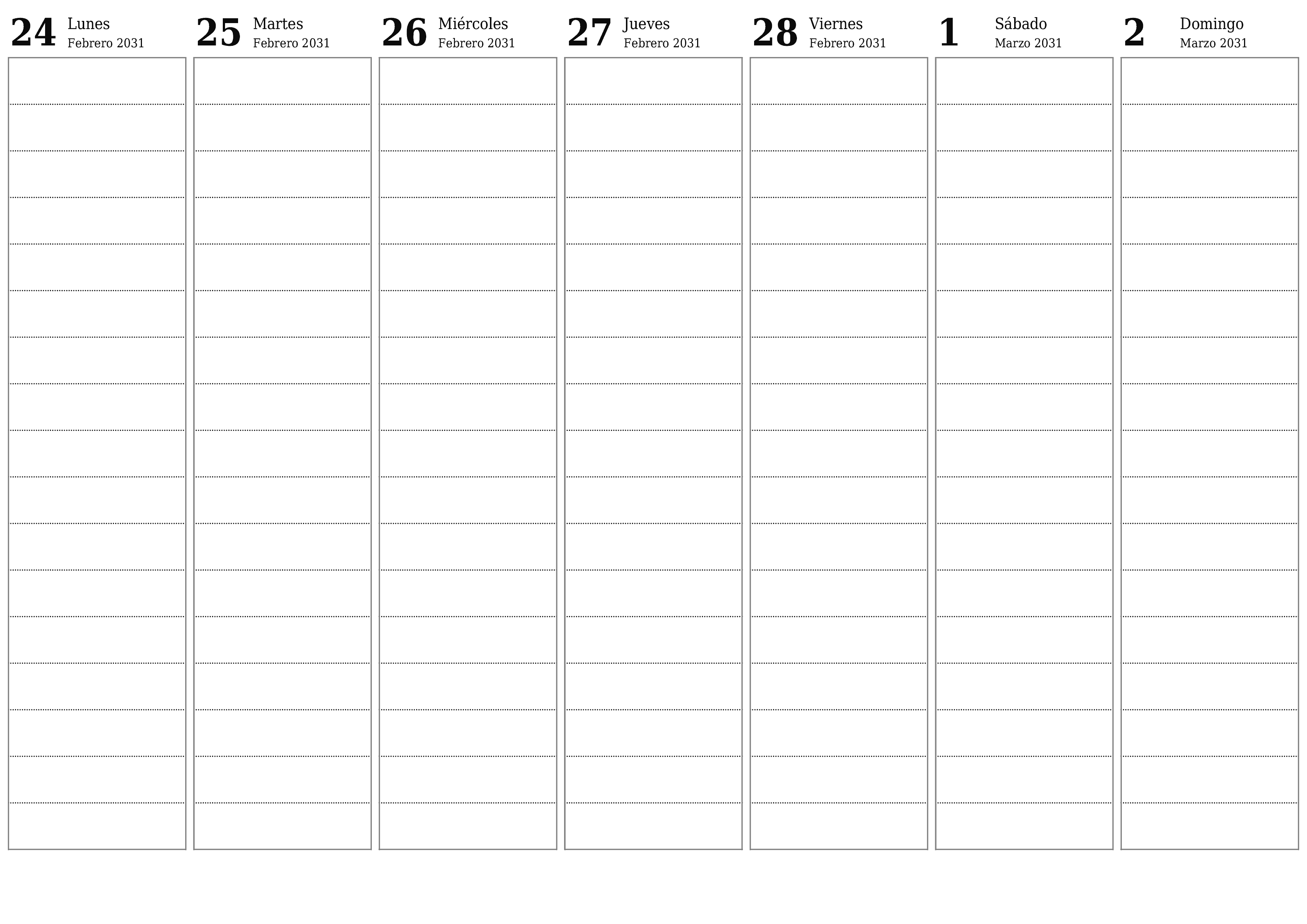 Planificador semanal vacío para semanas Marzo 2031 con notas, guardar e imprimir en PDF PNG Spanish