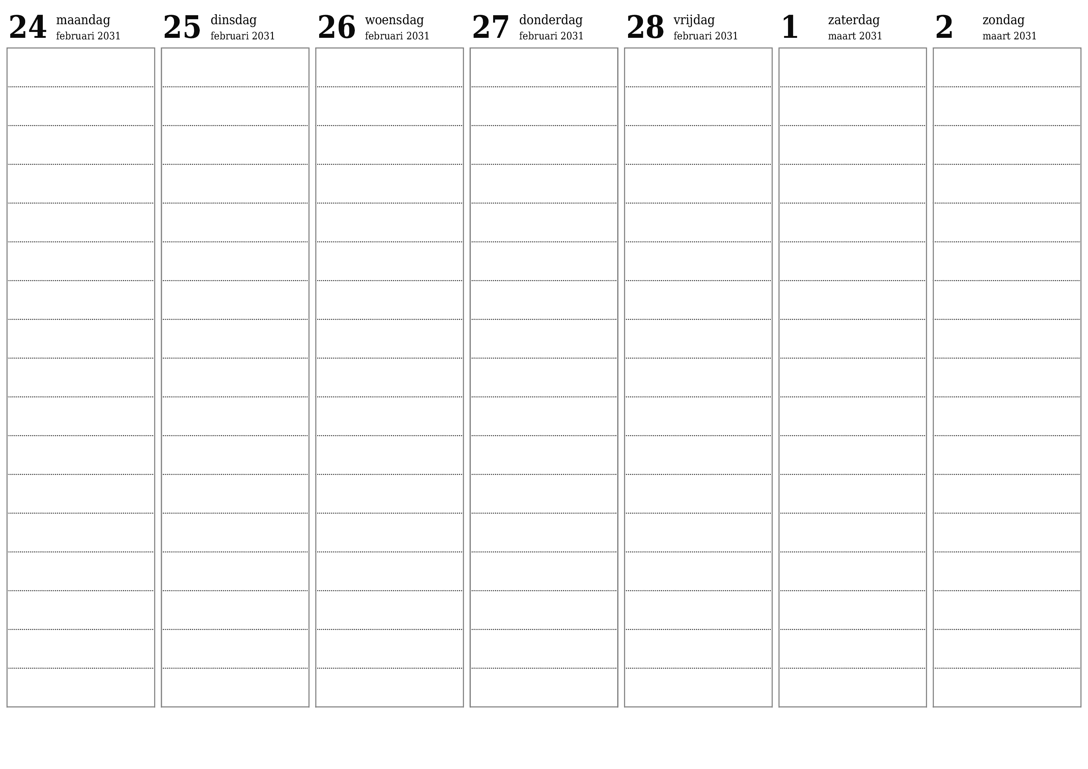 Lege weekplanner voor weken maart 2031 met notities, opslaan en afdrukken naar pdf PNG Dutch