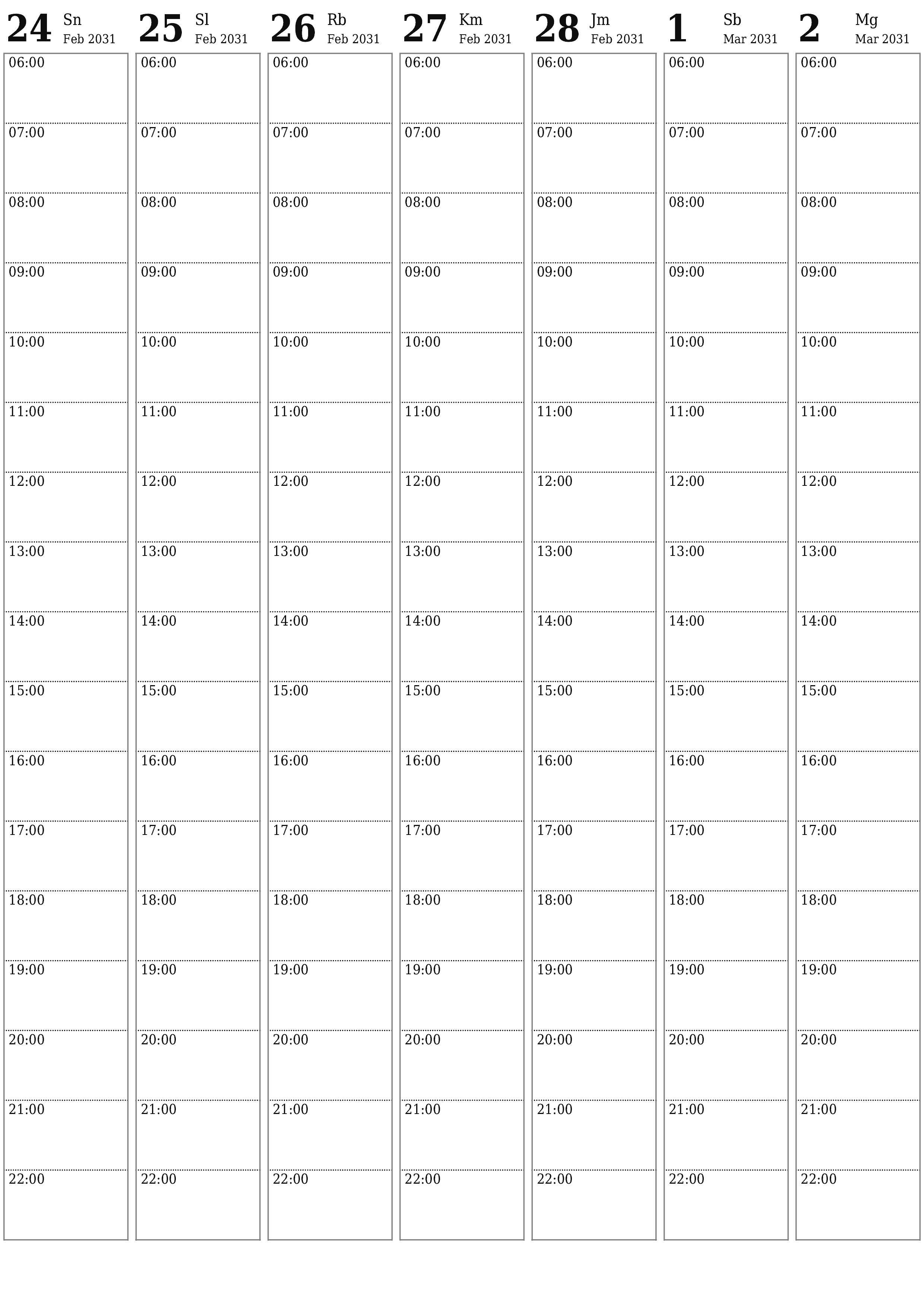  yang dapat dicetak dinding templat gratisvertikal Mingguan perencana kalender Maret (Mar) 2031