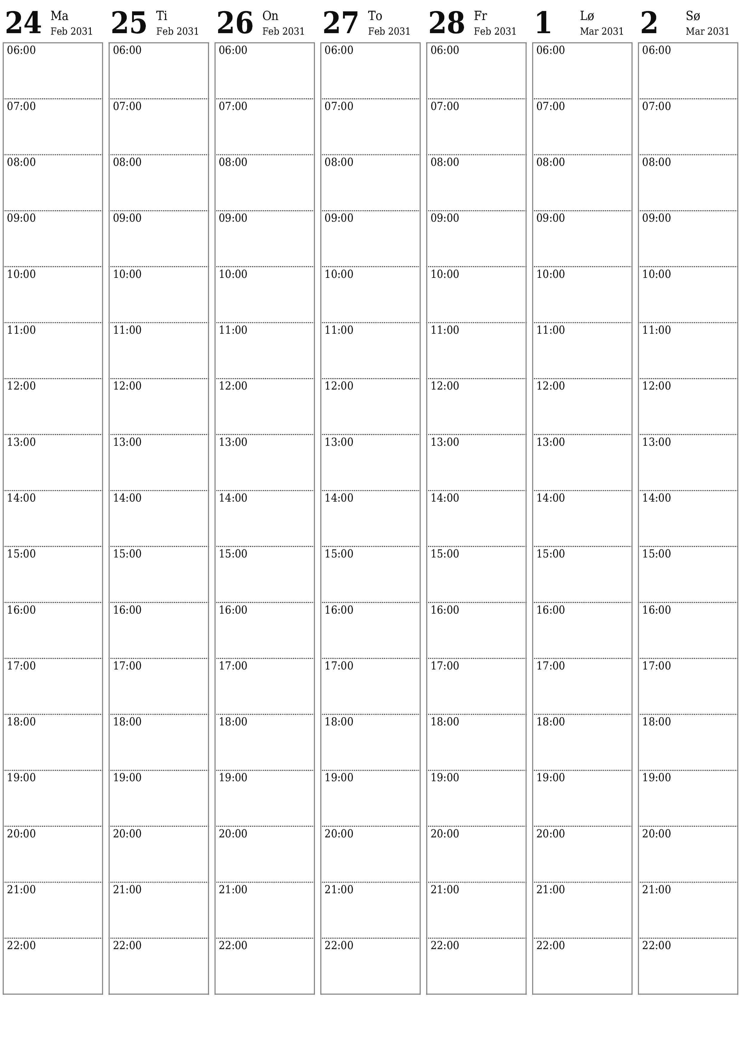 utskrivbar vegg mal gratis vertikal Ukentlig planlegger kalender Mars (Mar) 2031