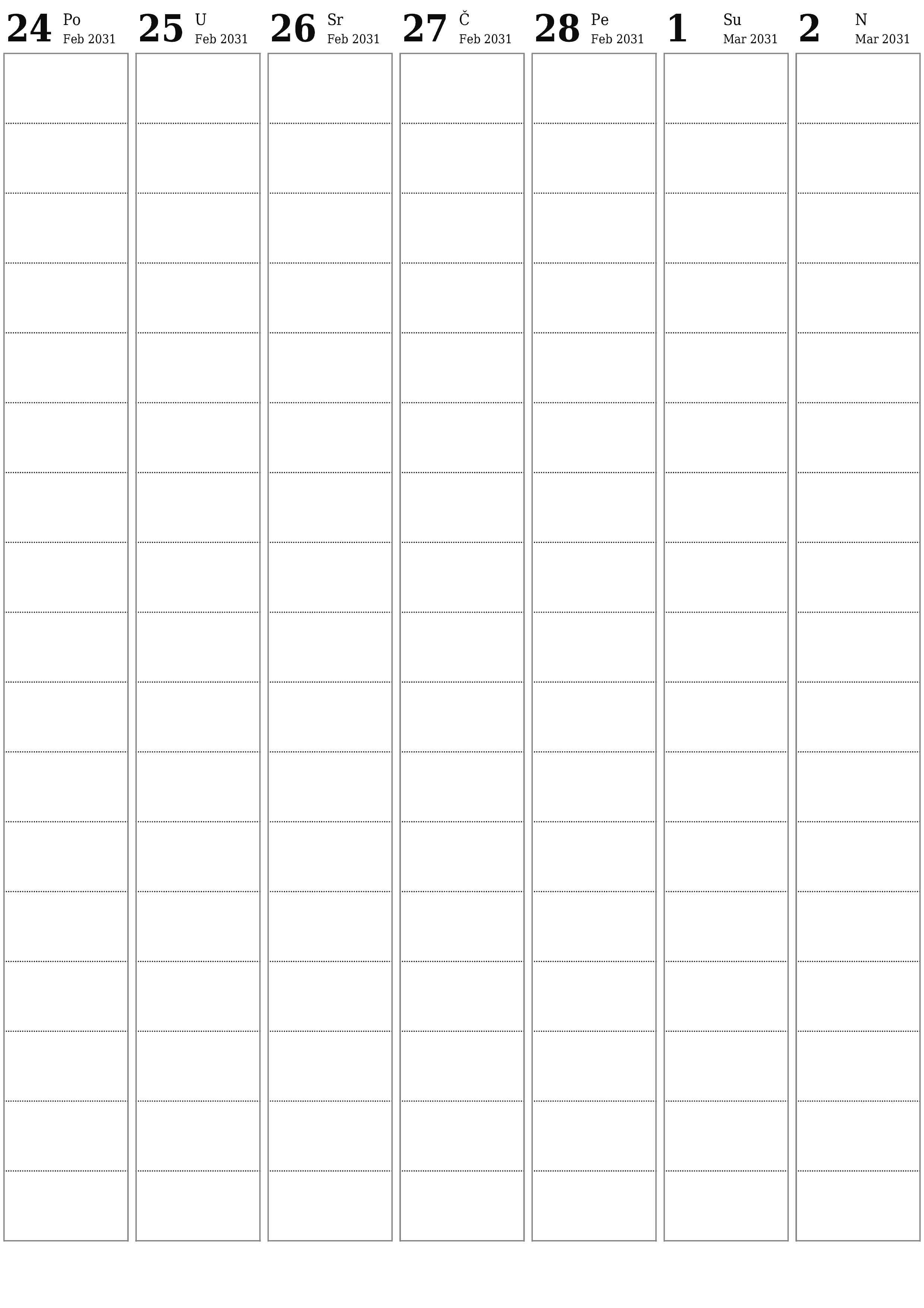  za štampanje zidni šablon a besplatni vertikalno Tjedno planer kalendar Mart (Mar) 2031