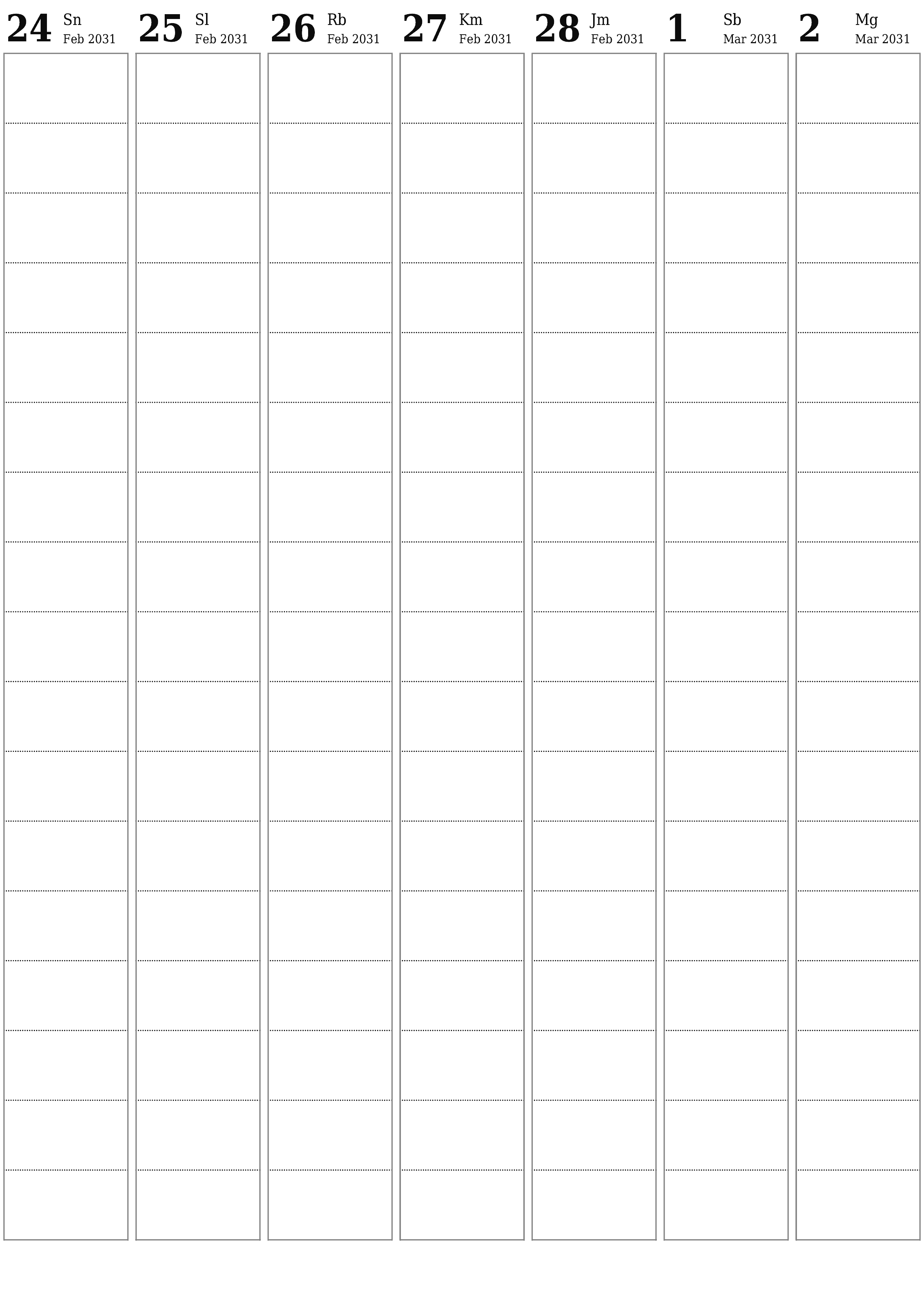  yang dapat dicetak dinding templat gratisvertikal Mingguan perencana kalender Maret (Mar) 2031
