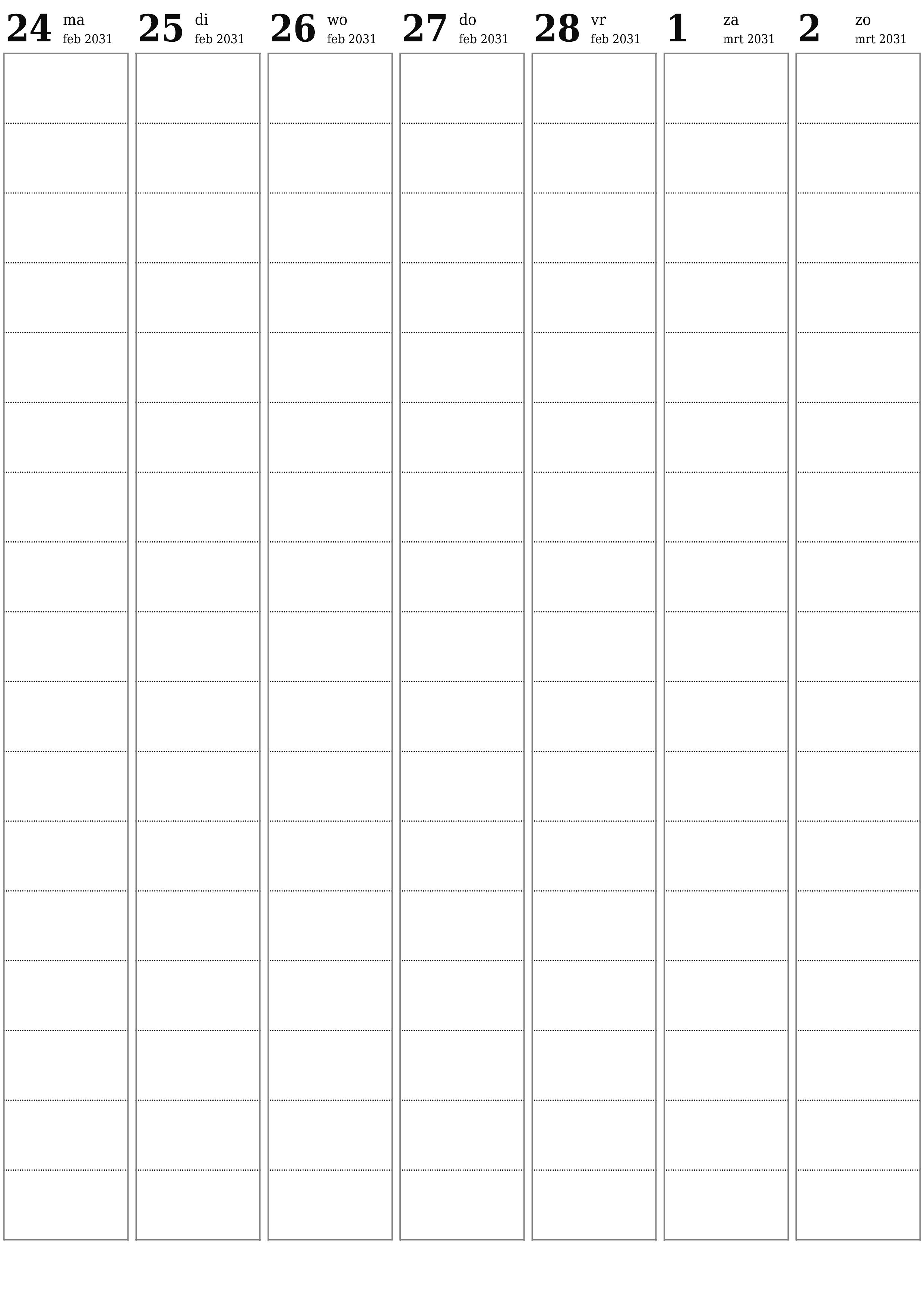 afdrukbare muur sjabloon gratis verticaal Wekelijks planner kalender maart (mrt) 2031
