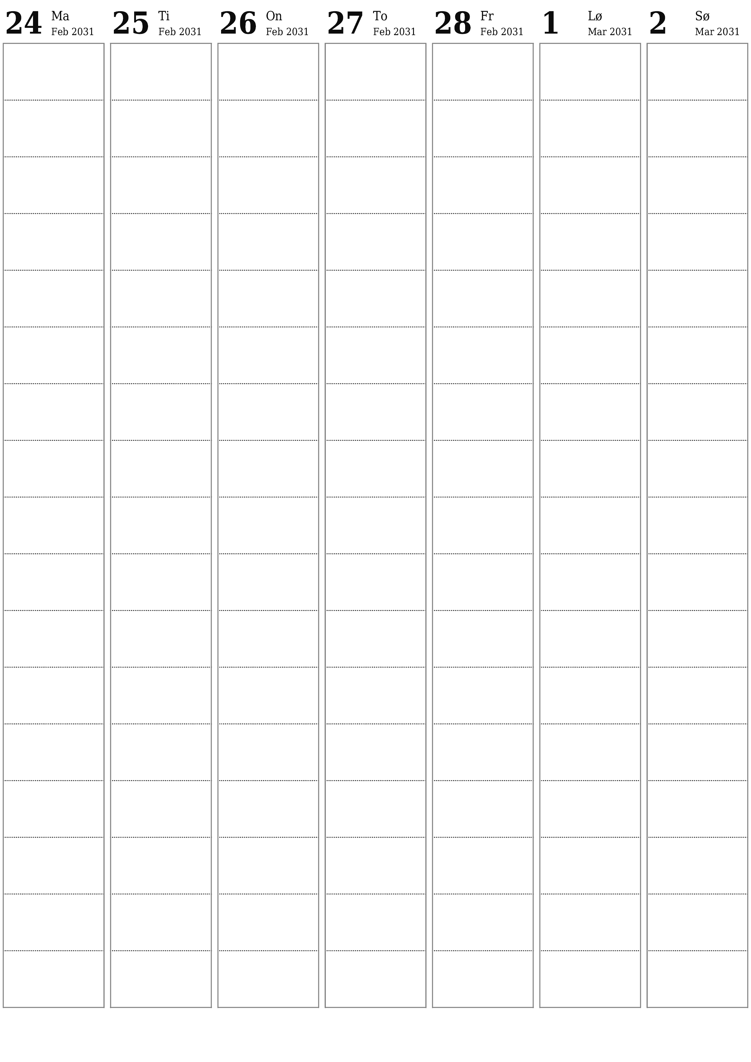 utskrivbar vegg mal gratis vertikal Ukentlig planlegger kalender Mars (Mar) 2031