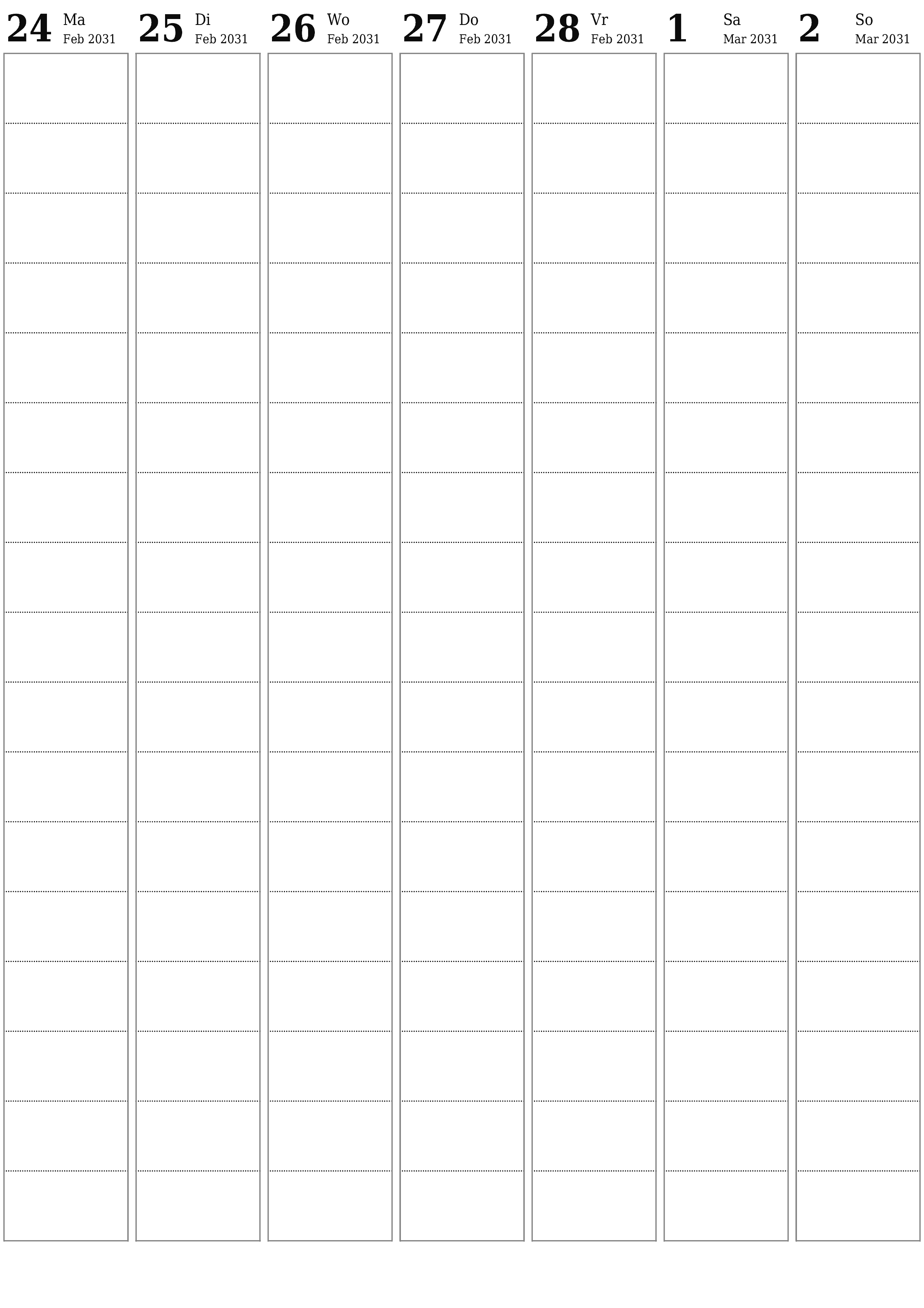 drukbare muur template gratis vertikaal Weekliks beplanner kalender Maart (Mar) 2031