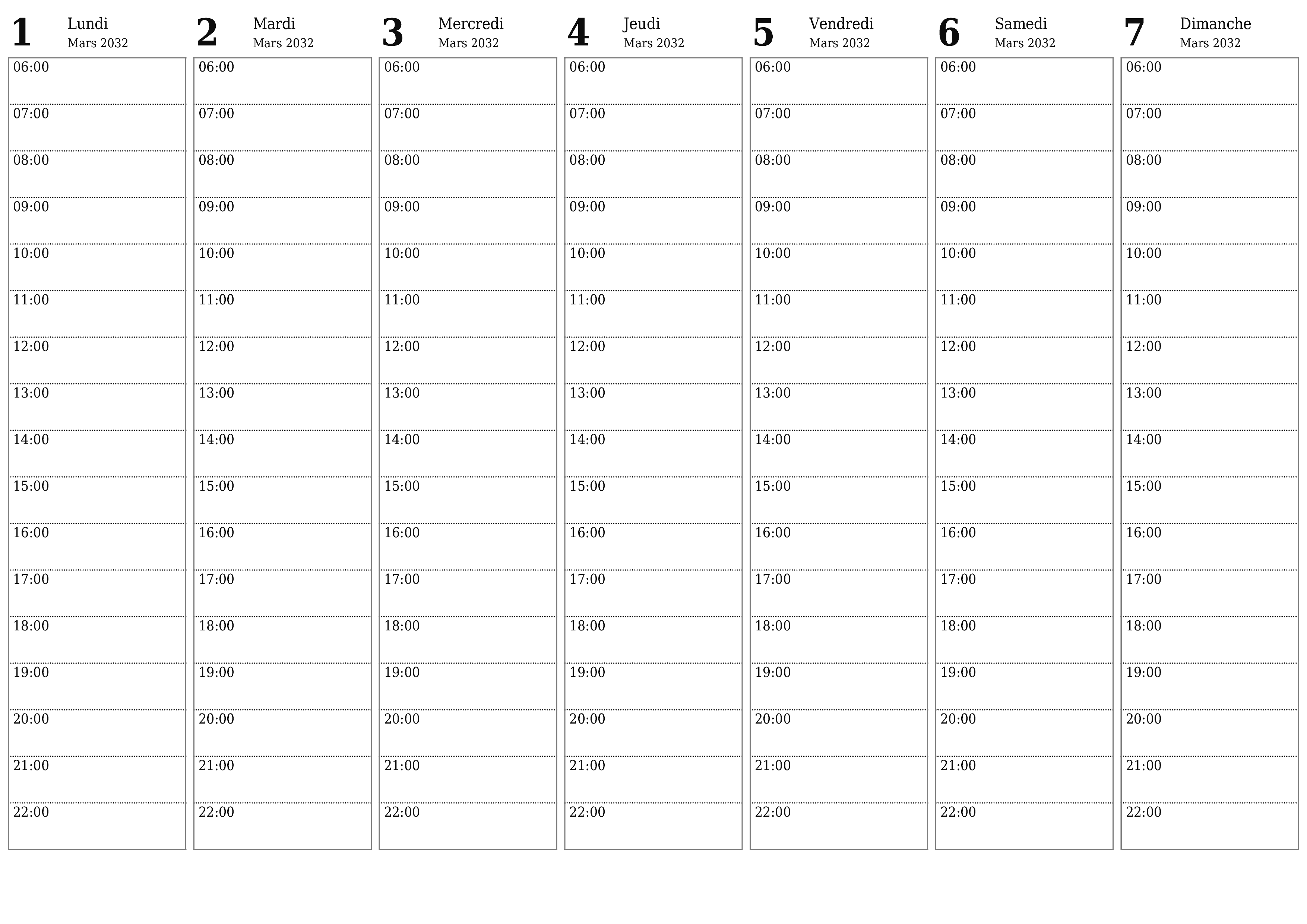Agenda hebdomadaire vide pendant des semaines Mars 2032 avec notes, enregistrez et imprimez au format PDF PNG French
