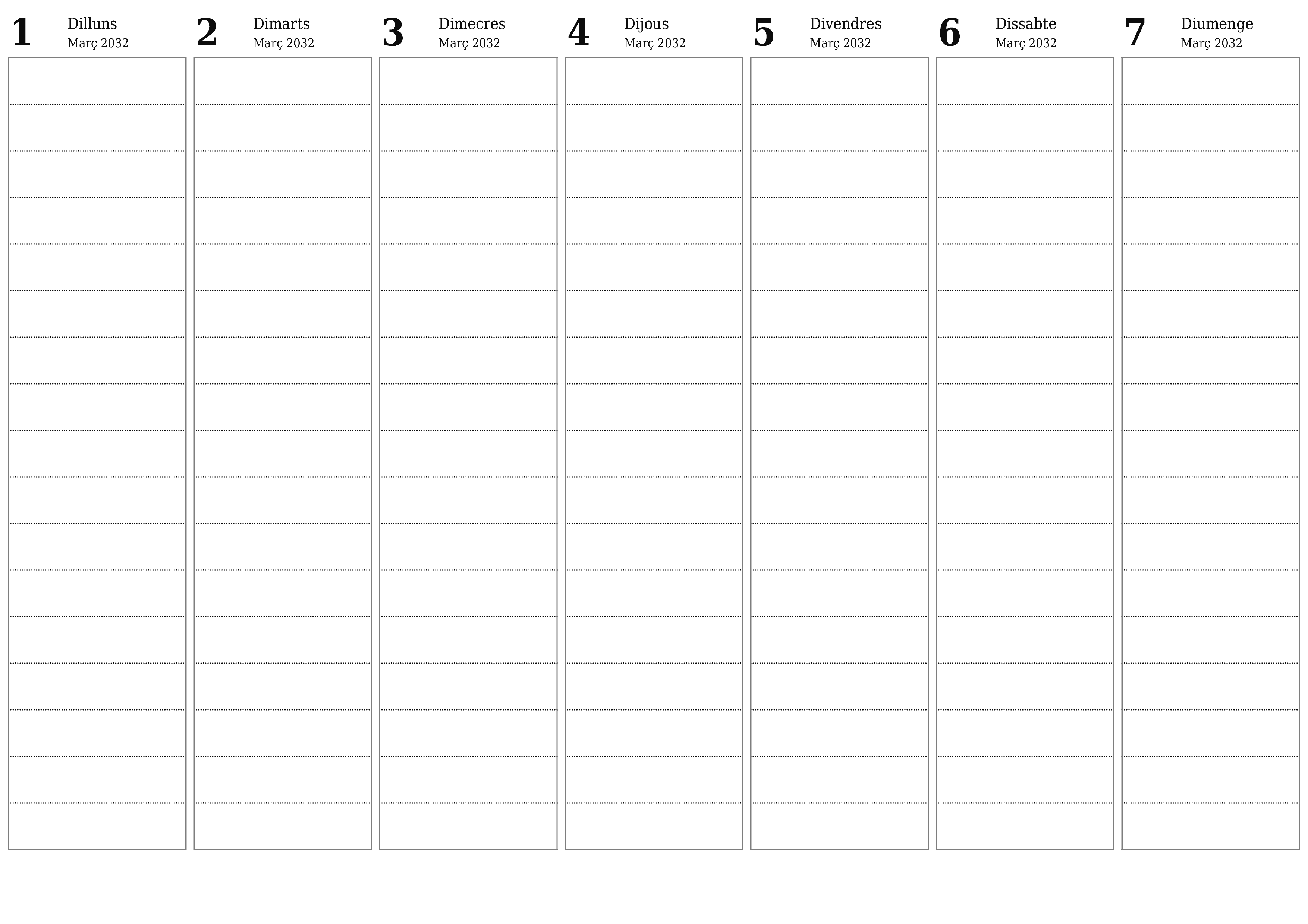 Planificador setmanal buit durant setmanes Març 2032 amb notes, deseu-lo i imprimiu-lo en format PDF PNG Catalan