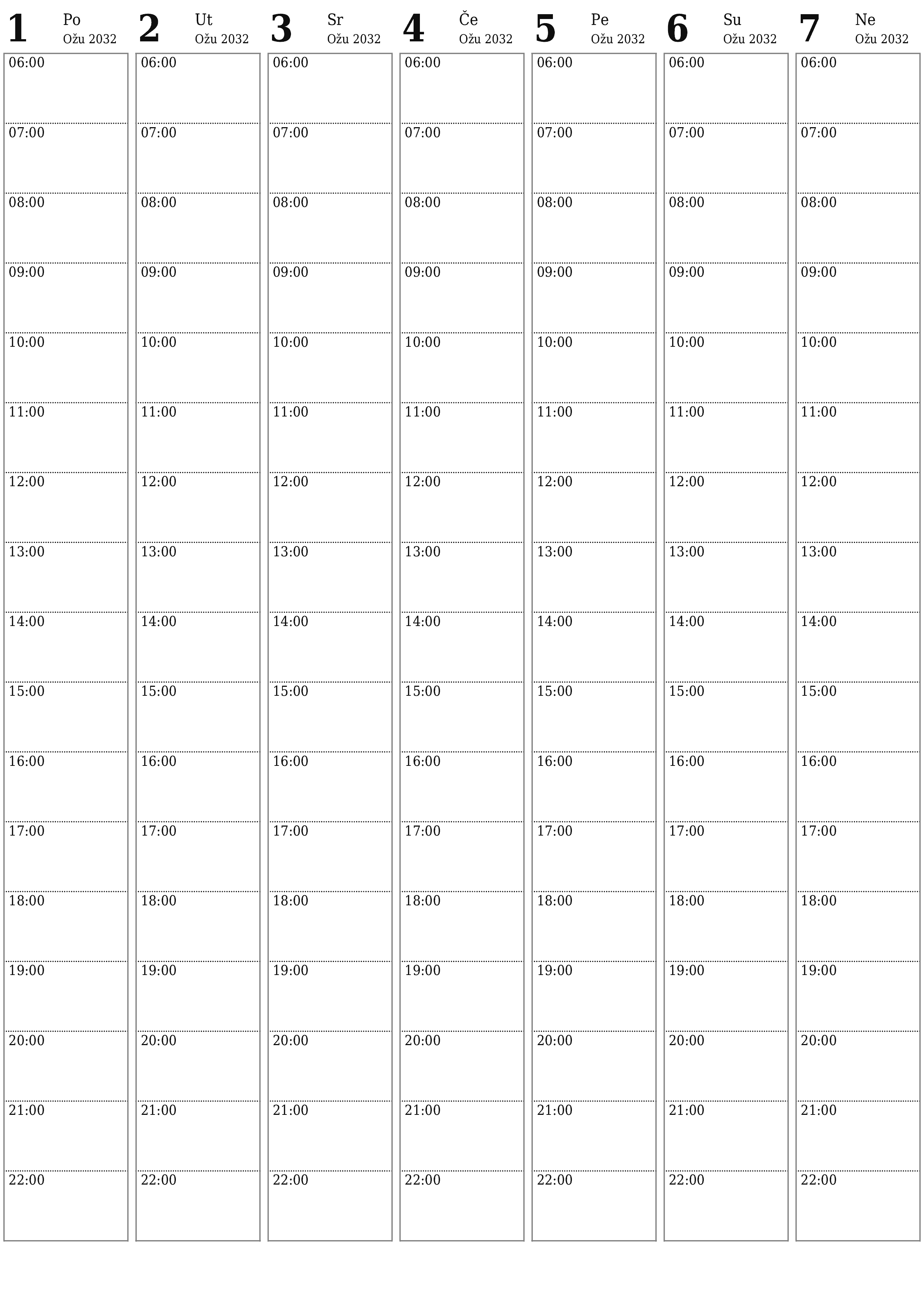  za ispis zidni predložak a besplatni okomito Tjedni planer kalendar Ožujak (Ožu) 2032
