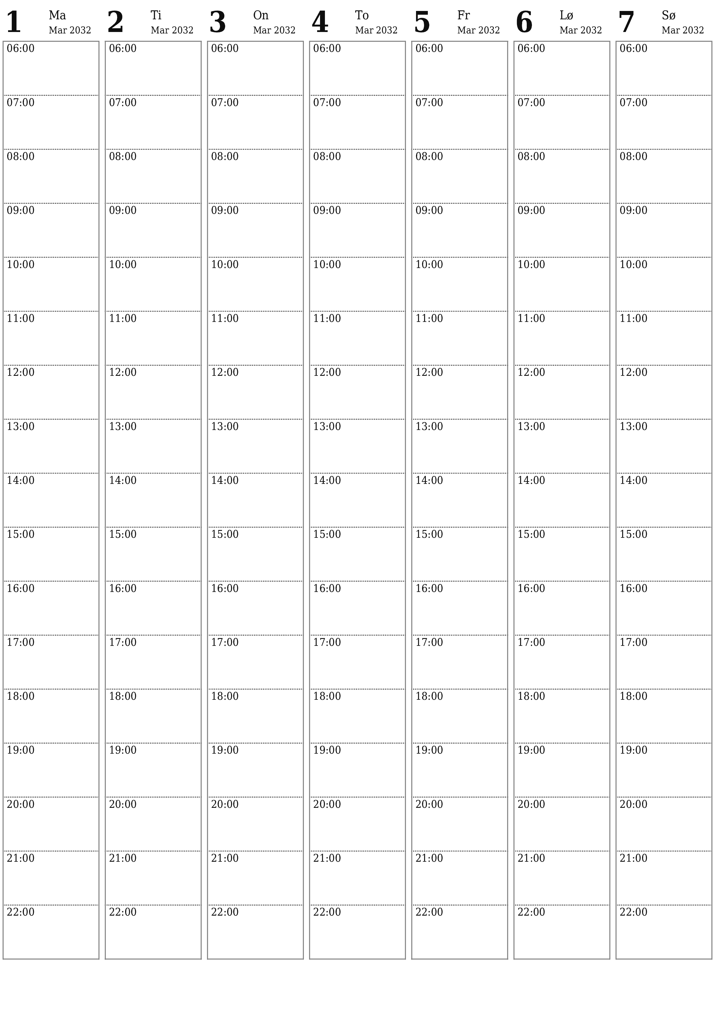 Tøm ukentlig planlegger i uker Mars 2032 med notater, lagre og skriv ut i PDF PNG Norwegian