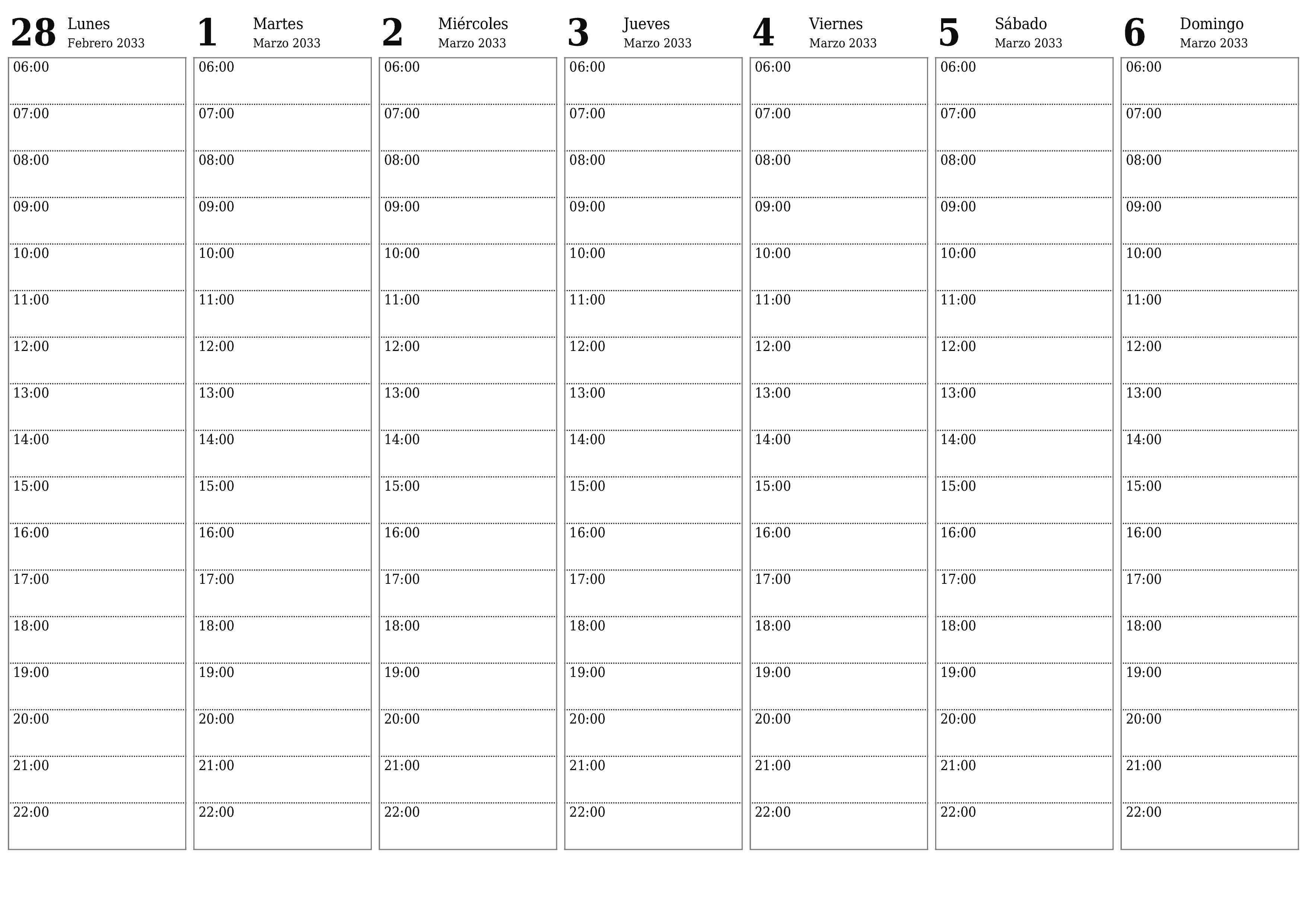 Planificador semanal vacío para semanas Marzo 2033 con notas, guardar e imprimir en PDF PNG Spanish