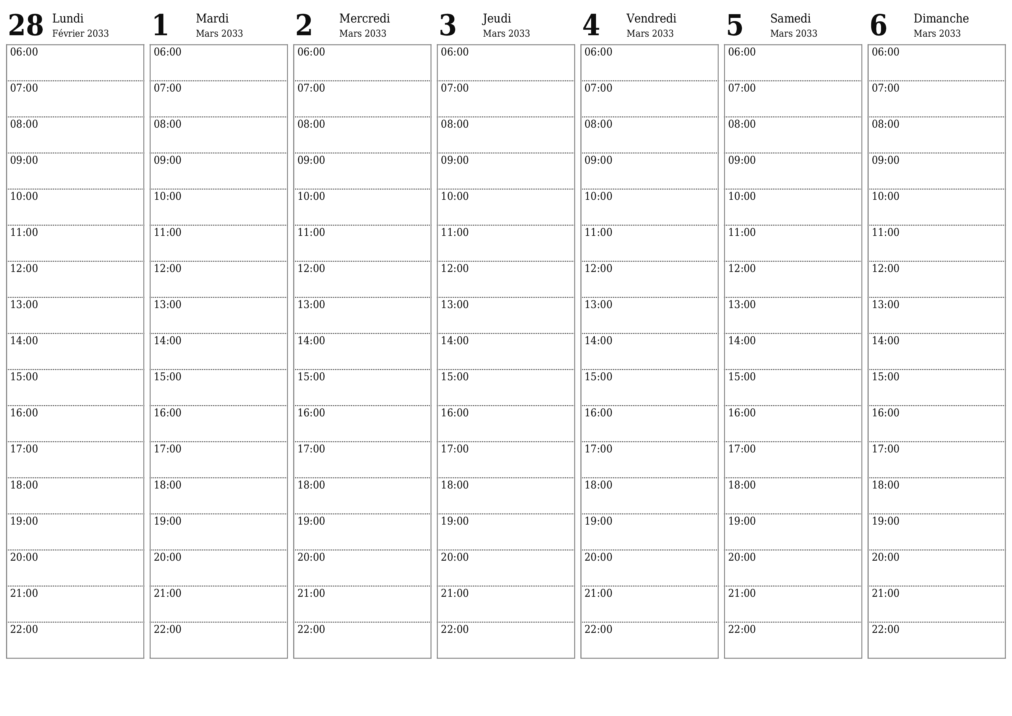 Agenda hebdomadaire vide pendant des semaines Mars 2033 avec notes, enregistrez et imprimez au format PDF PNG French