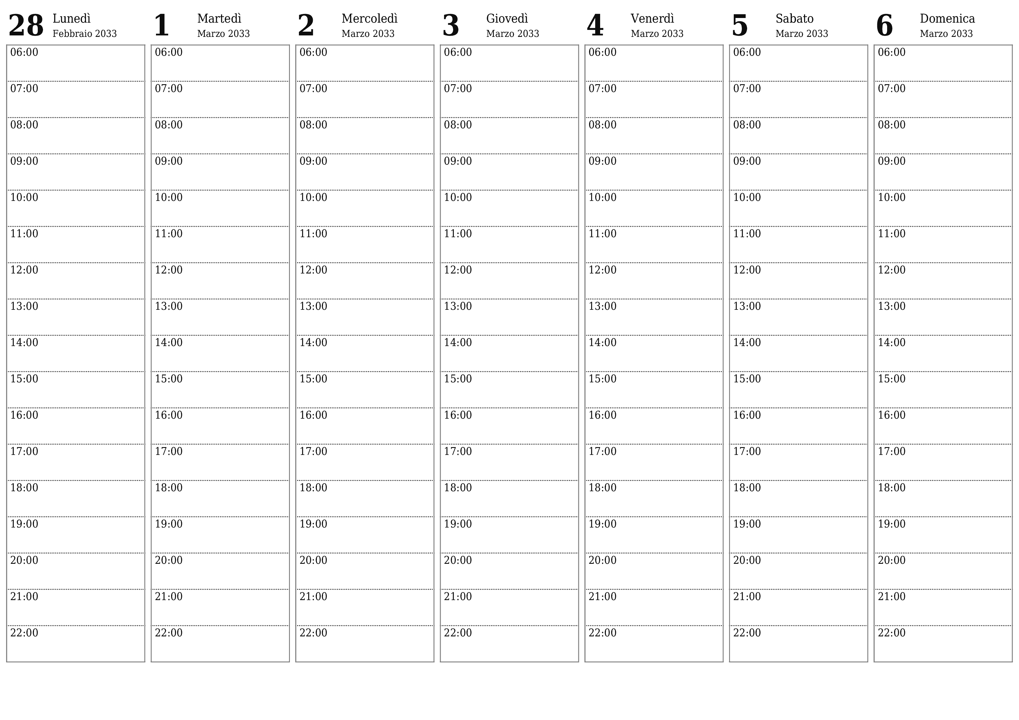 Agenda settimanale vuota per settimane Marzo 2033 con note, salva e stampa in PDF PNG Italian