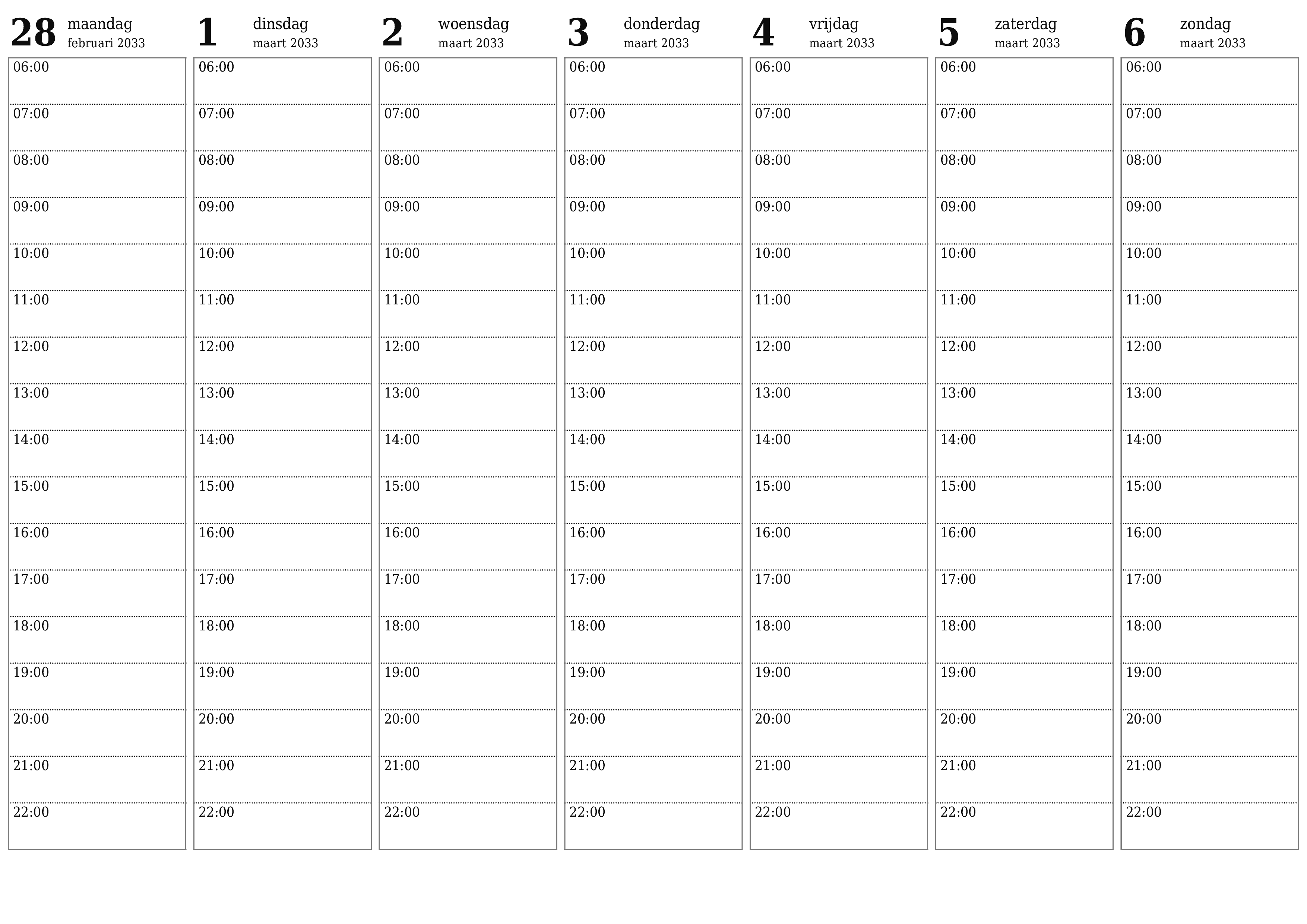 Lege weekplanner voor weken maart 2033 met notities, opslaan en afdrukken naar pdf PNG Dutch