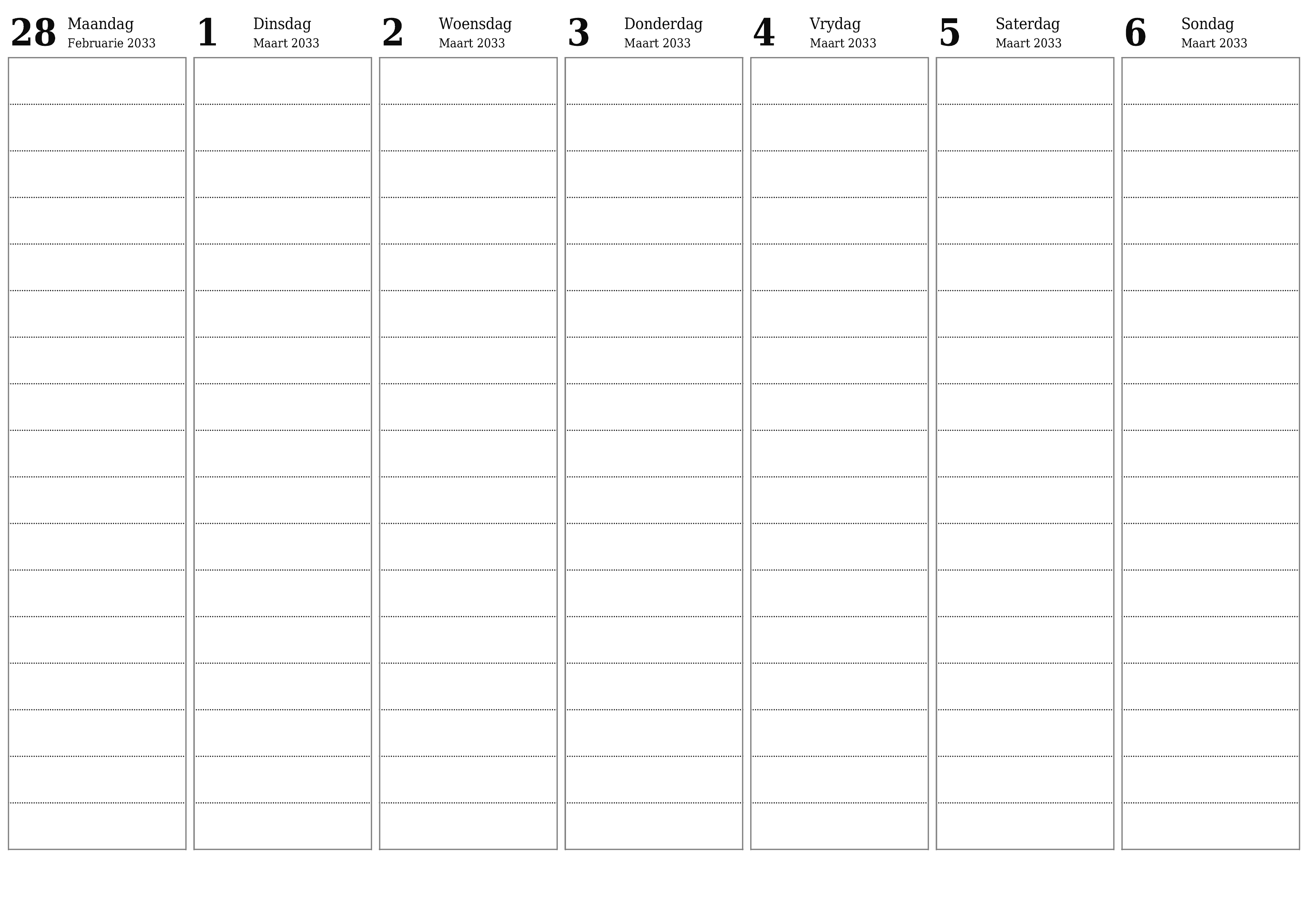Leë weeklikse drukbare kalender en beplanner vir week Maart 2033 met notas, stoor en druk na PDF PNG Afrikaans