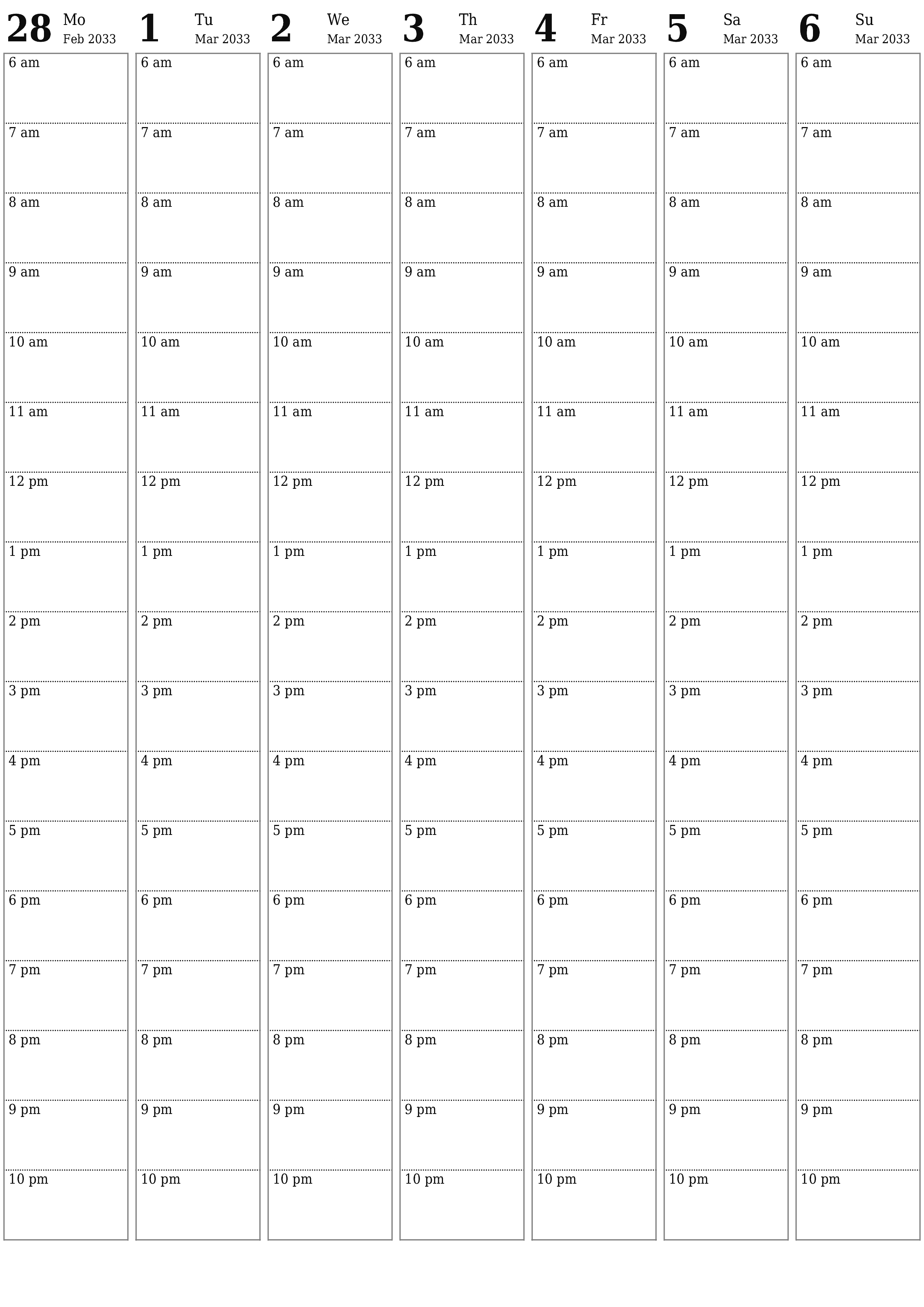 Blank calendar March 2033