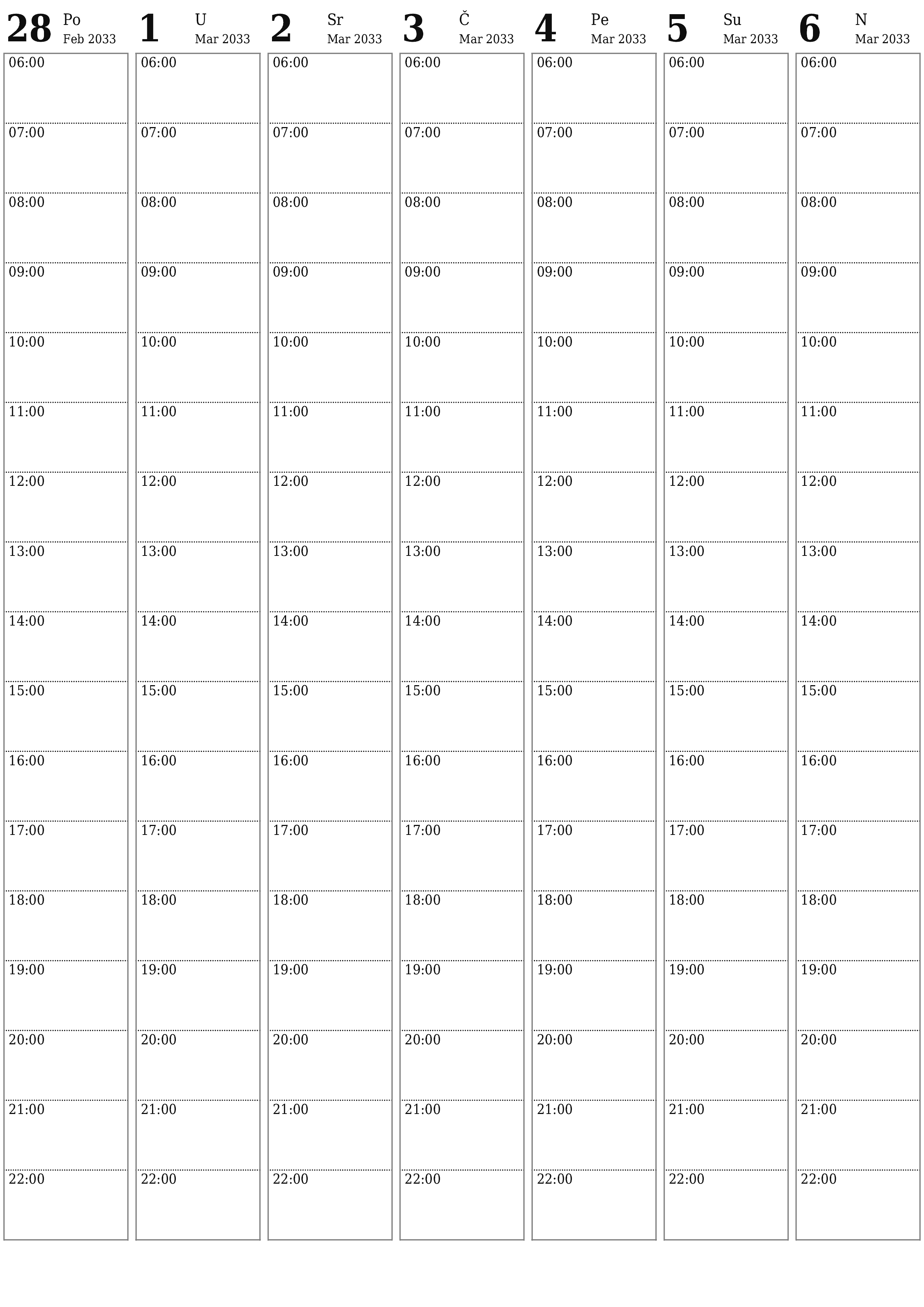  za štampanje zidni šablon a besplatni vertikalno Tjedno planer kalendar Mart (Mar) 2033