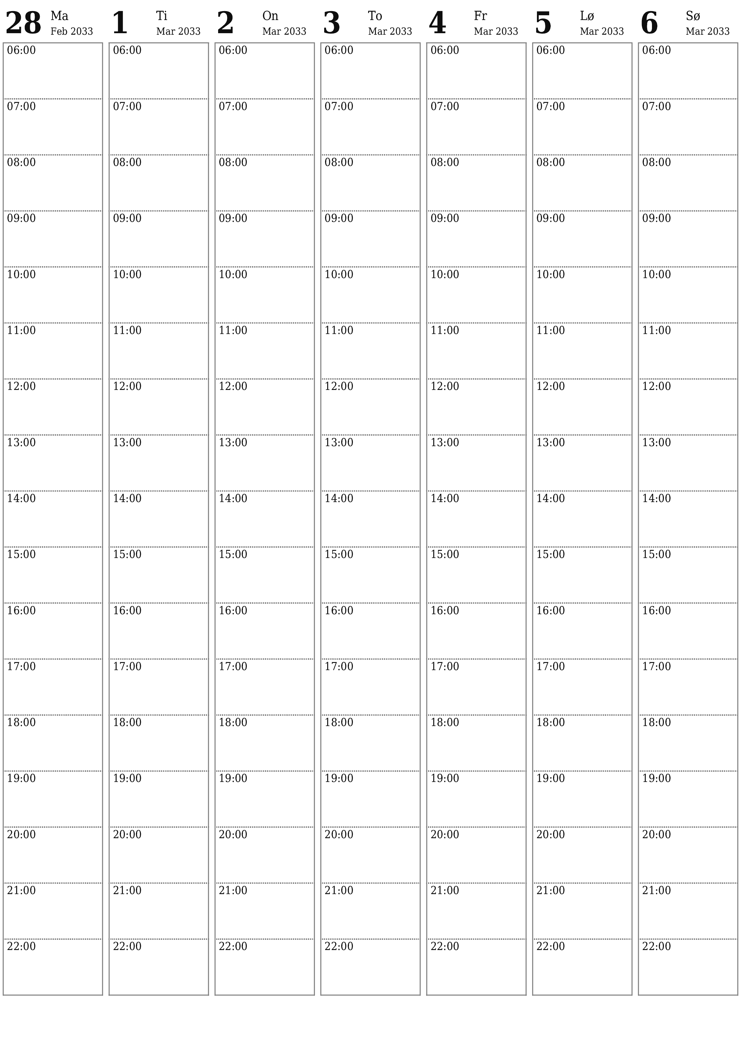 utskrivbar vegg mal gratis vertikal Ukentlig planlegger kalender Mars (Mar) 2033