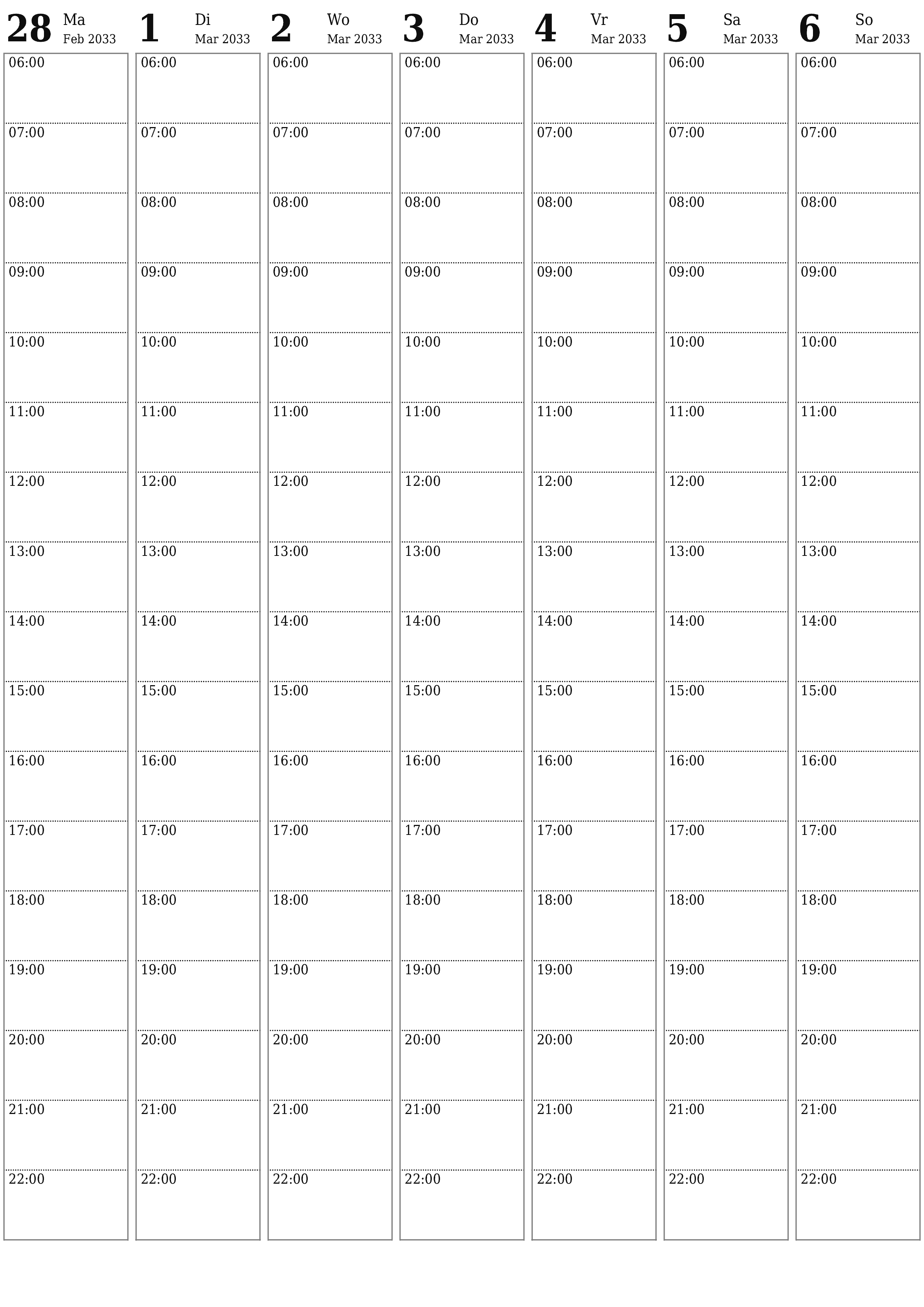 drukbare muur template gratis vertikaal Weekliks beplanner kalender Maart (Mar) 2033