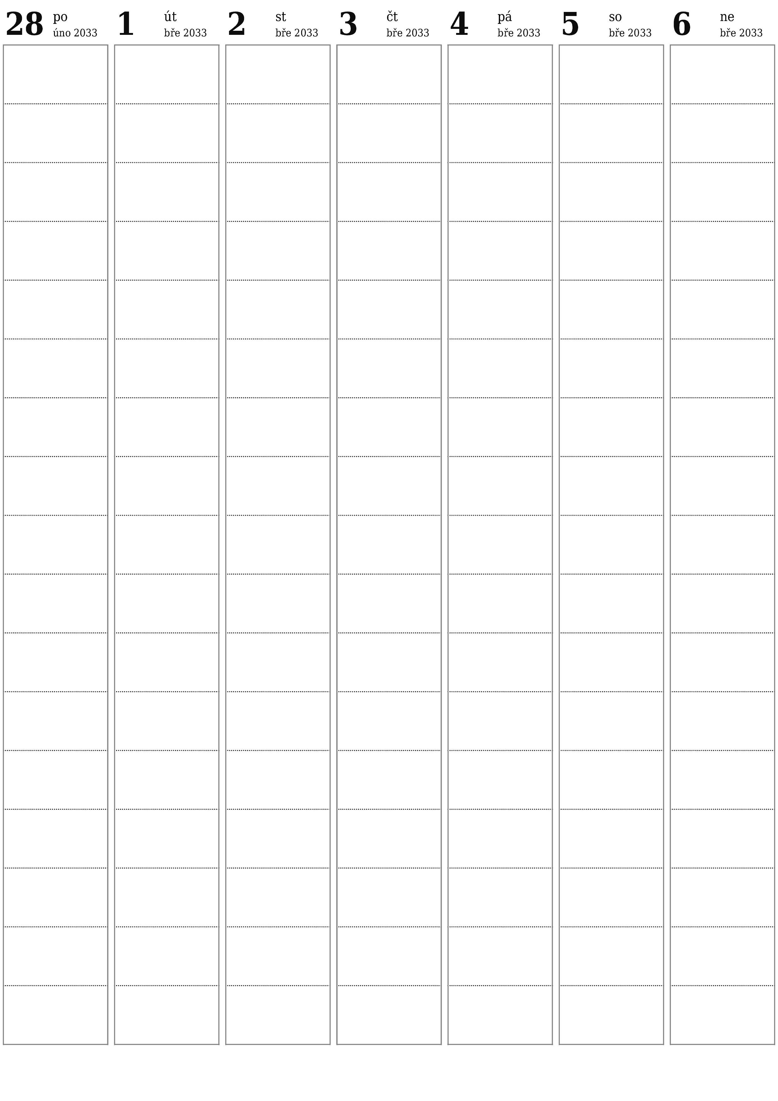  pro tisk nástěnný šablona e zdarmavertikální Týdenní plánovač kalendář březen (bře) 2033