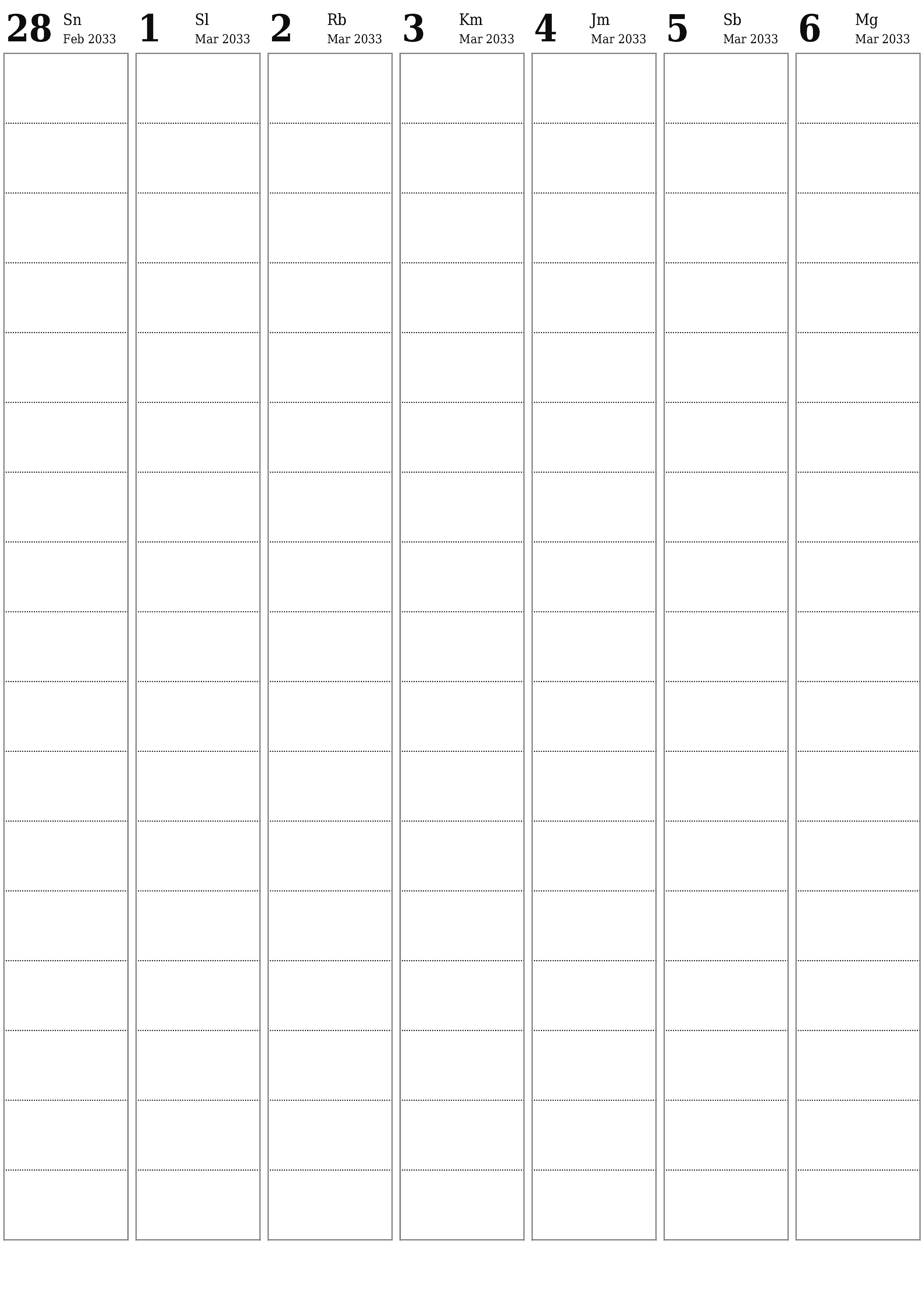  yang dapat dicetak dinding templat gratisvertikal Mingguan perencana kalender Maret (Mar) 2033