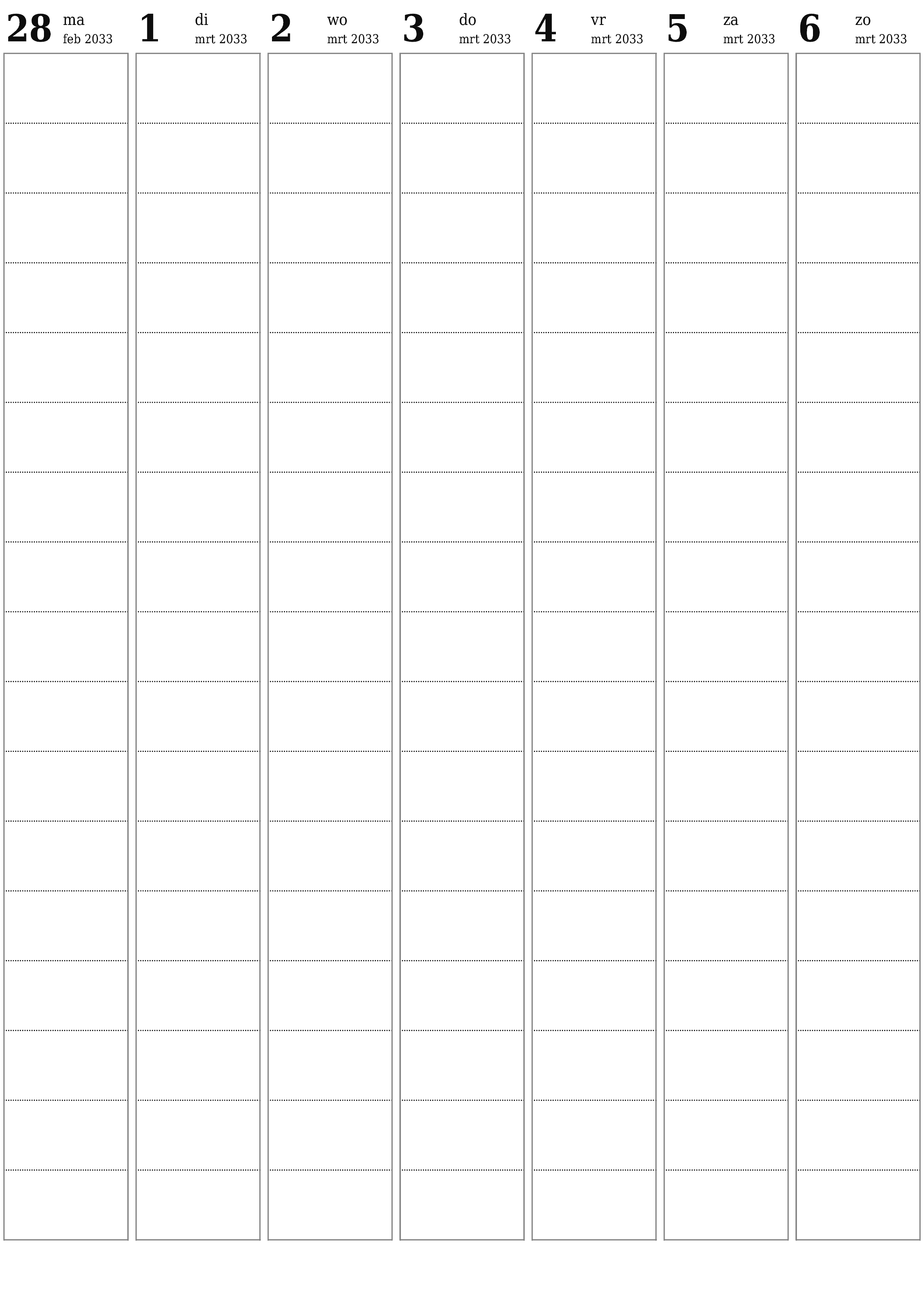 afdrukbare muur sjabloon gratis verticaal Wekelijks planner kalender maart (mrt) 2033