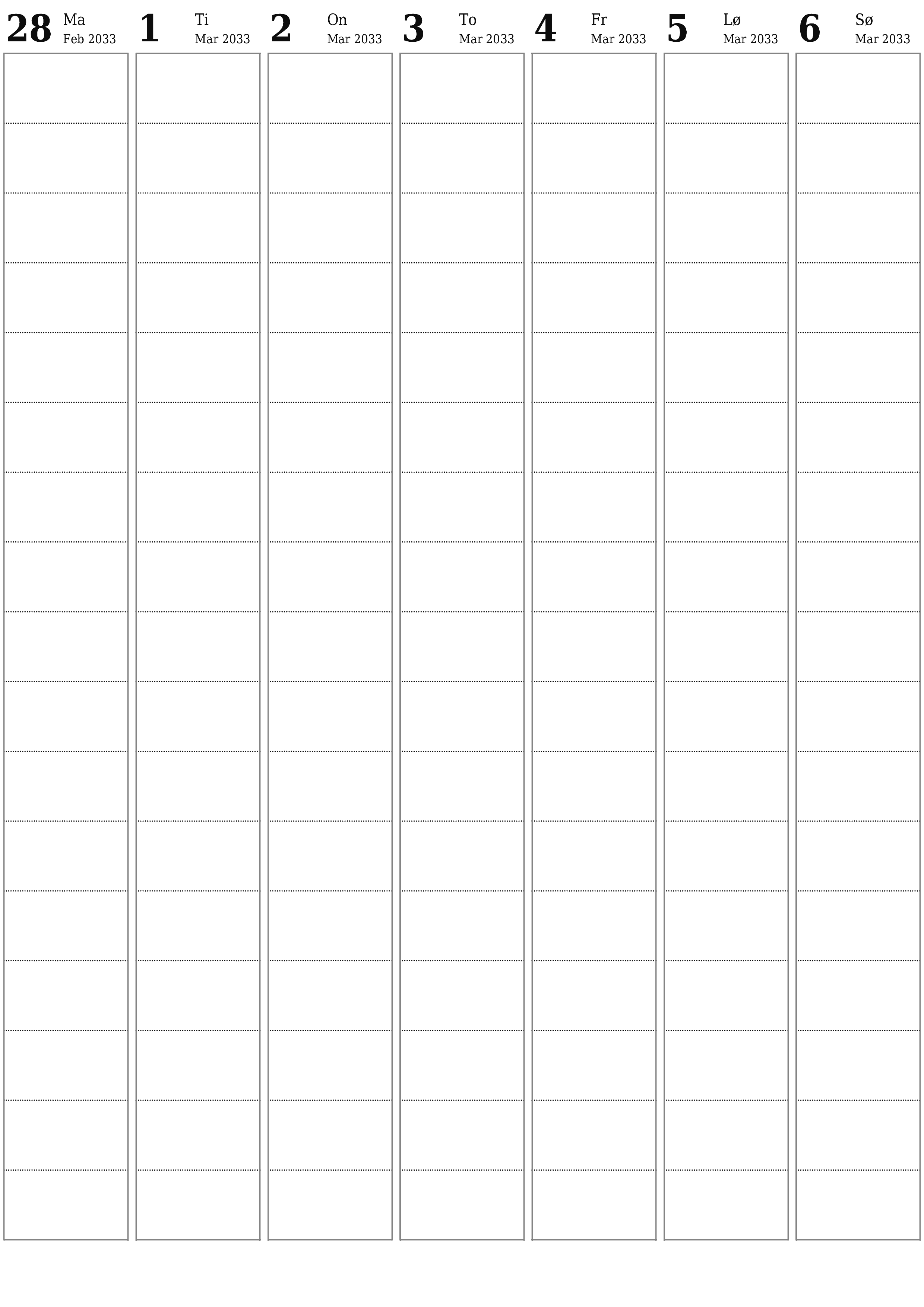 utskrivbar vegg mal gratis vertikal Ukentlig planlegger kalender Mars (Mar) 2033
