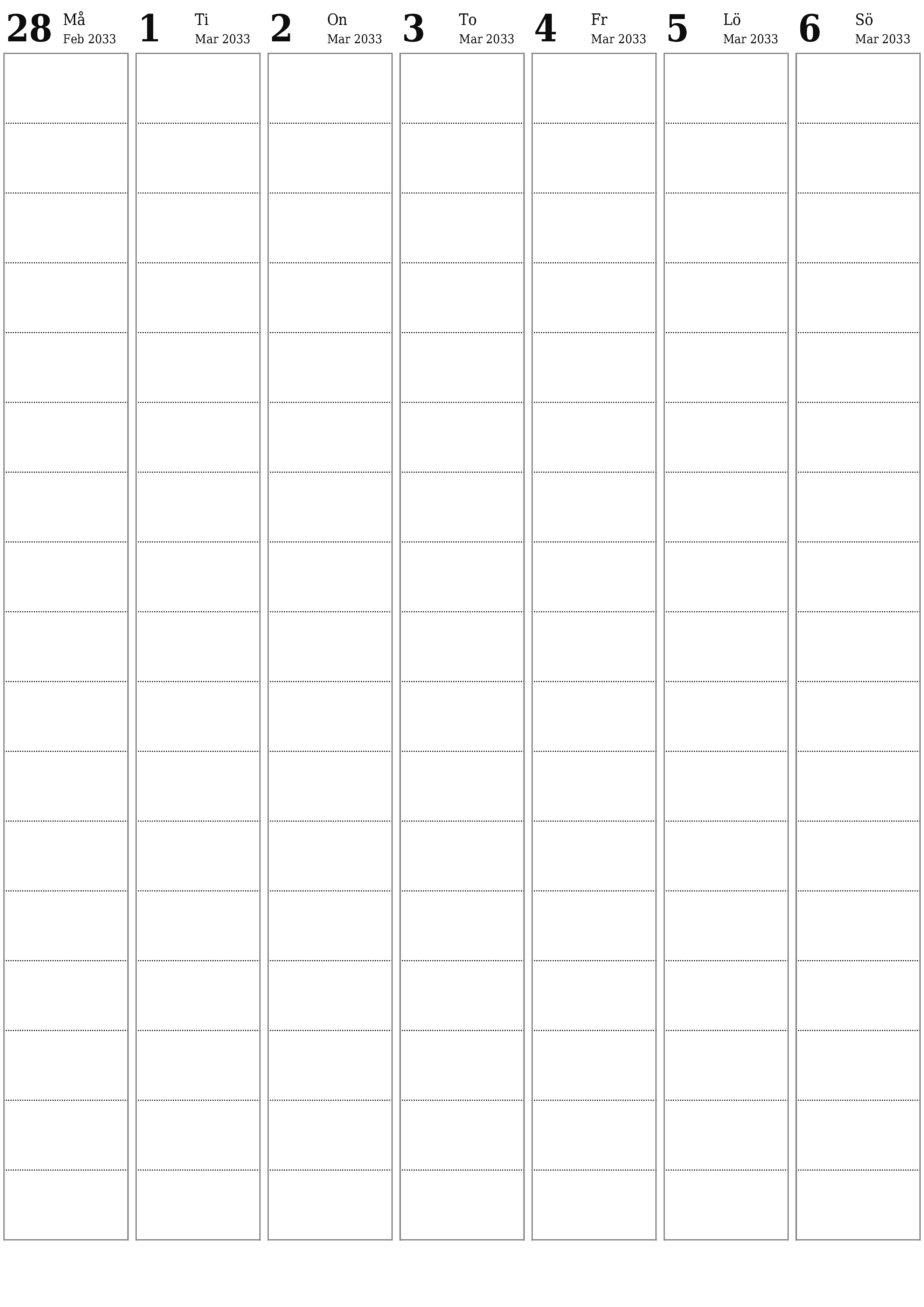 utskrivbar vägg mall gratis vertikal Veckovis planerare kalender Mars (Mar) 2033
