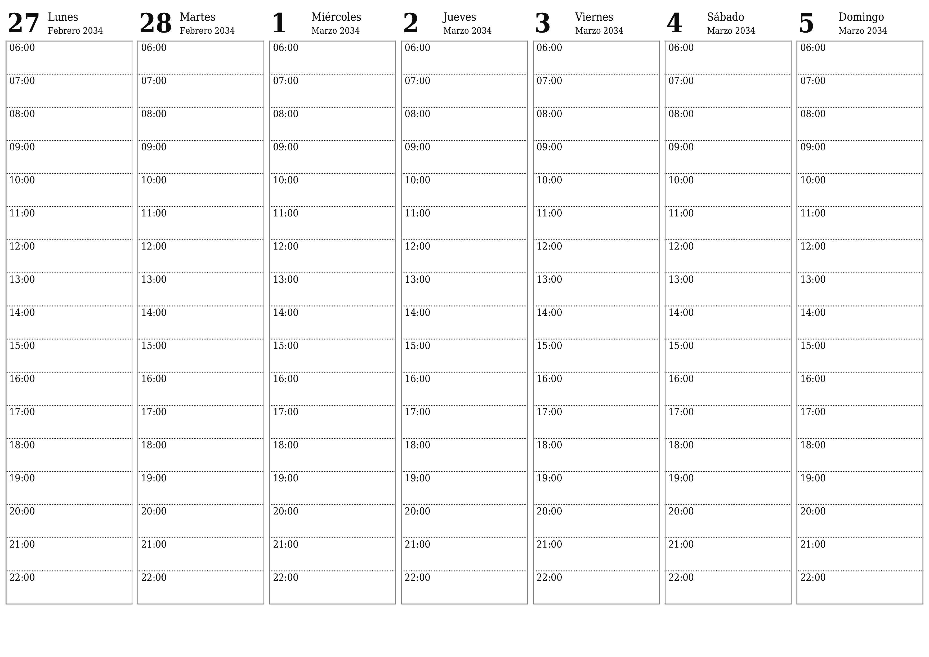 Planificador semanal vacío para semanas Marzo 2034 con notas, guardar e imprimir en PDF PNG Spanish